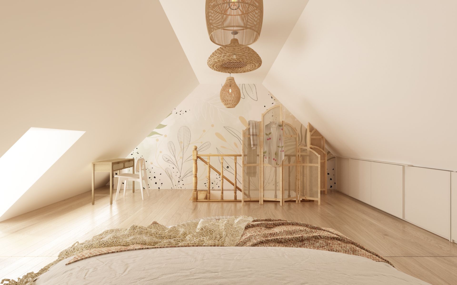 Vue du lit d'une chambre dégagée sous les combles