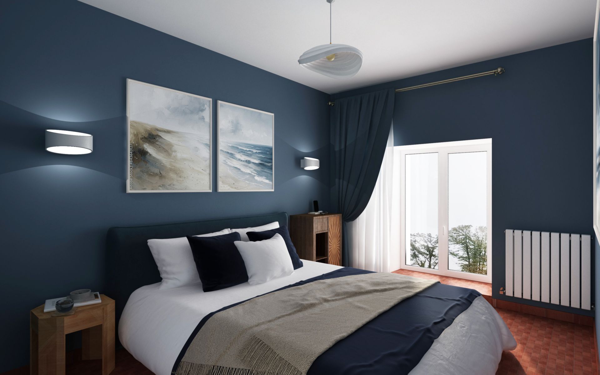 Chambre à coucher avec un lit double, des tableaux au mur et un radiateur
