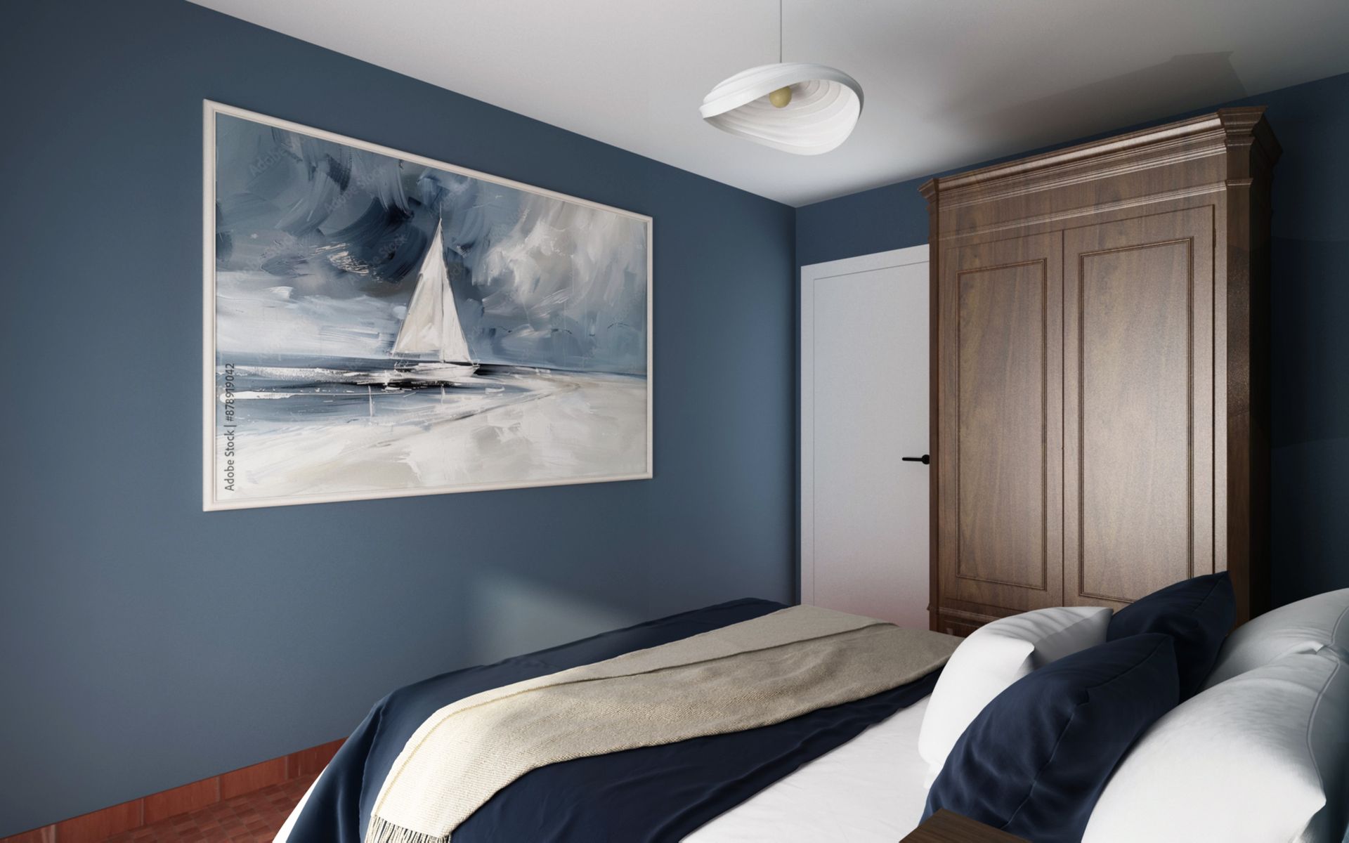 Chambre aux couleurs marines avec un lit double et vue sur la porte