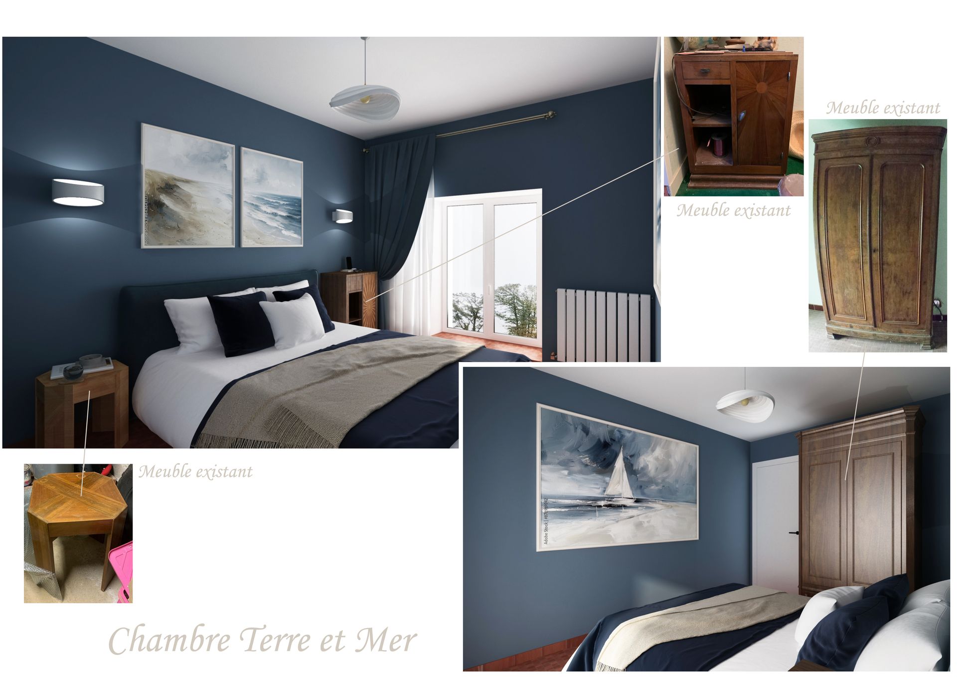 Compilation d'images d'une chambre aux couleurs marines