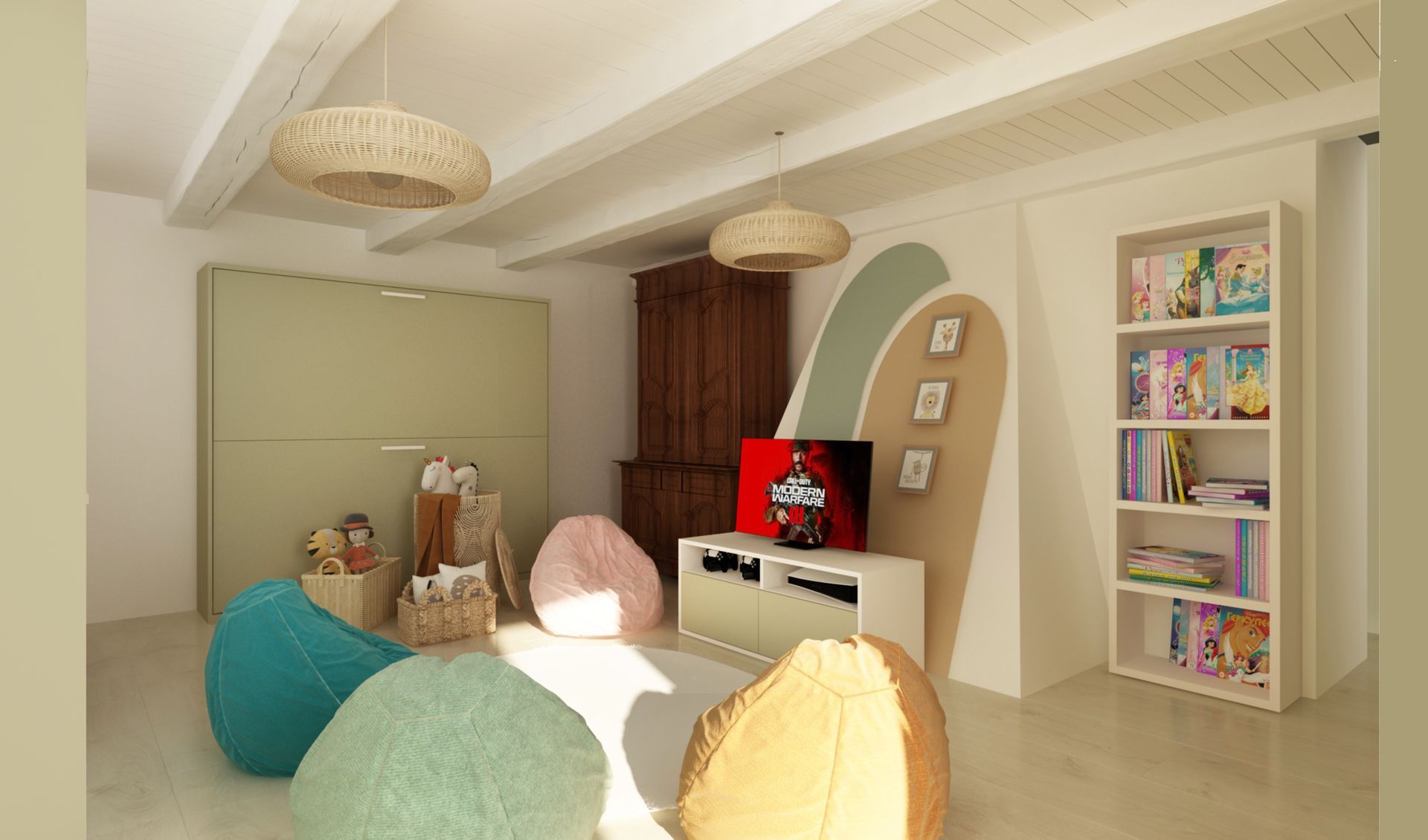 Espace de jeux pour enfants très coloré avec des couleurs pastel