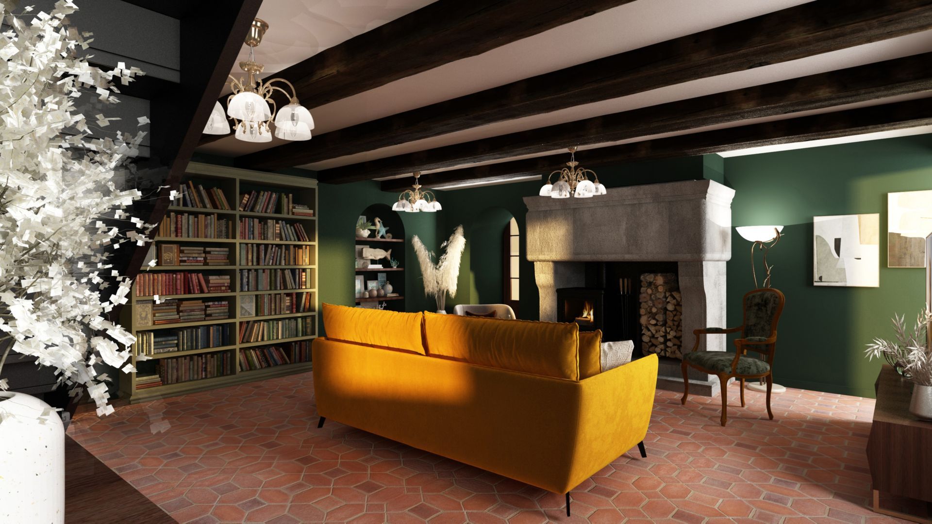 Salon dans un style ancien avec un canapé jaune