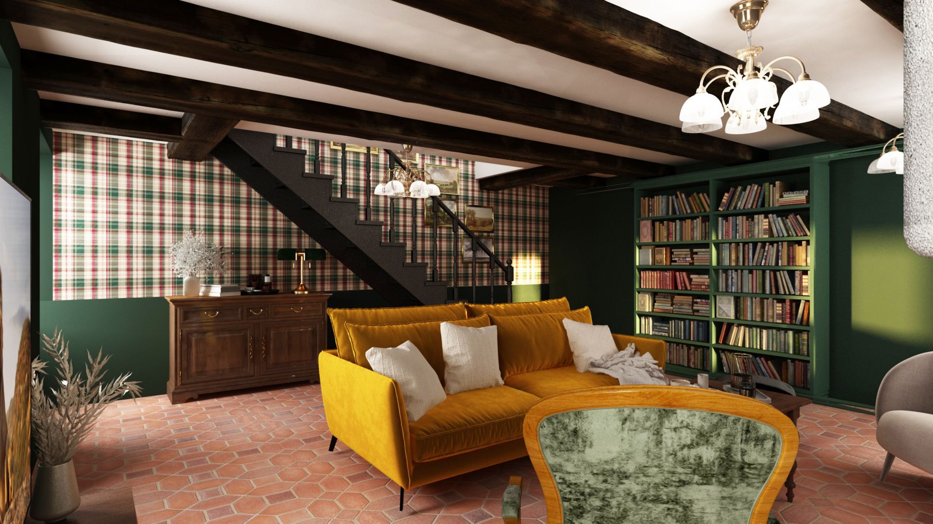 Salon avec un canapé jaune, des fauteuils assortis et une bibliothèque remplie de livres
