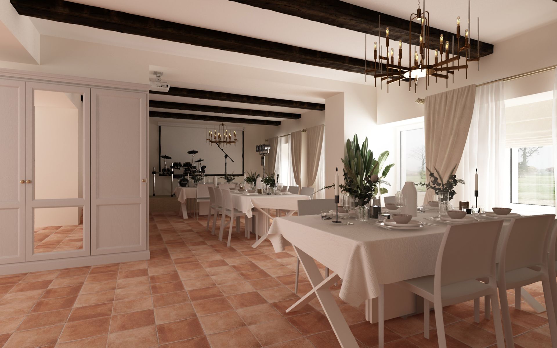 Salle à manger avec une table en bois, des chaises et des poutres apparentes au plafond