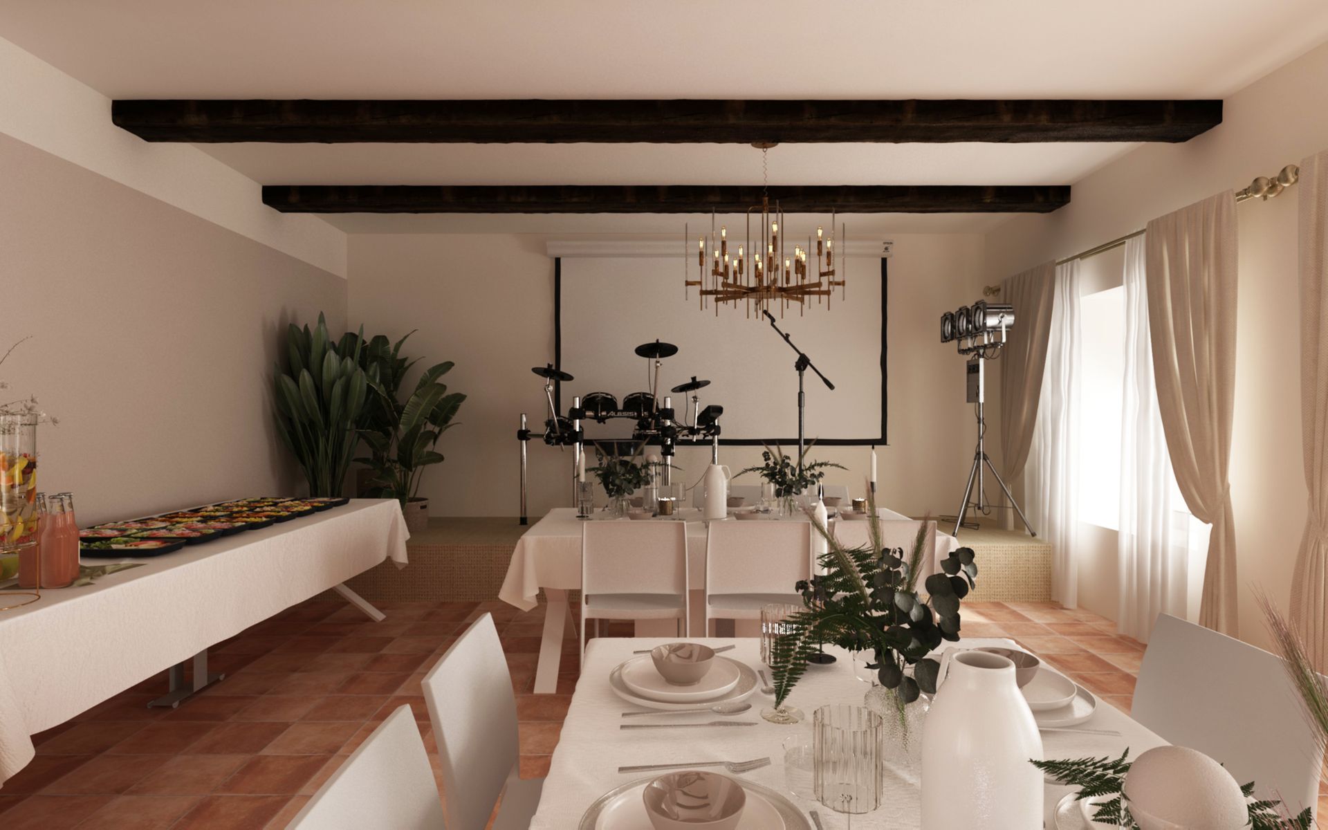 Grande salle à manger avec une table blanche et des plantes vertes