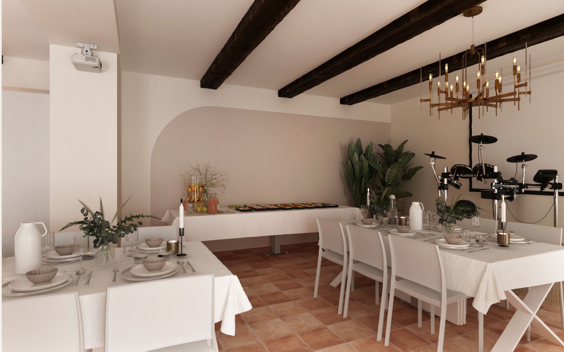 Grande salle à manger avec une table blanche et une table de buffet