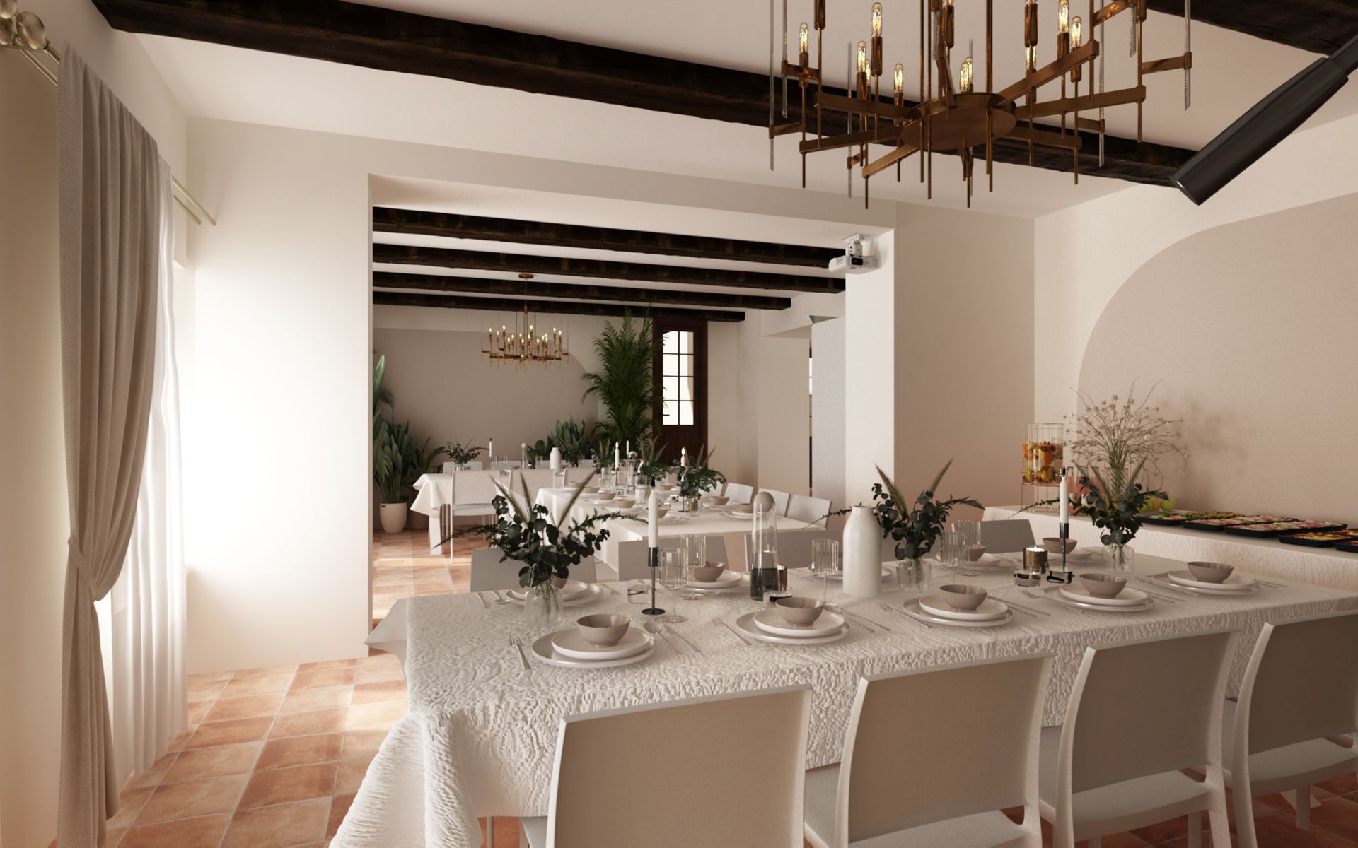 Grande salle à manger avec une table blanche et des chaises assorties