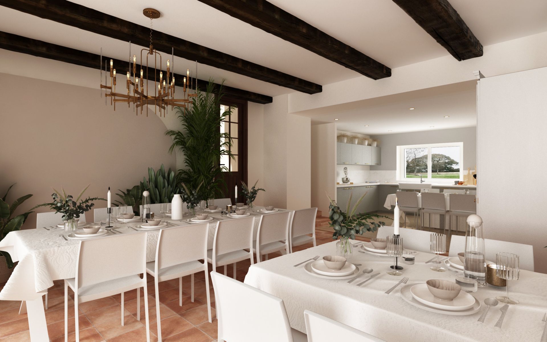 Grande salle à manger avec une table blanche et poutres apparentes