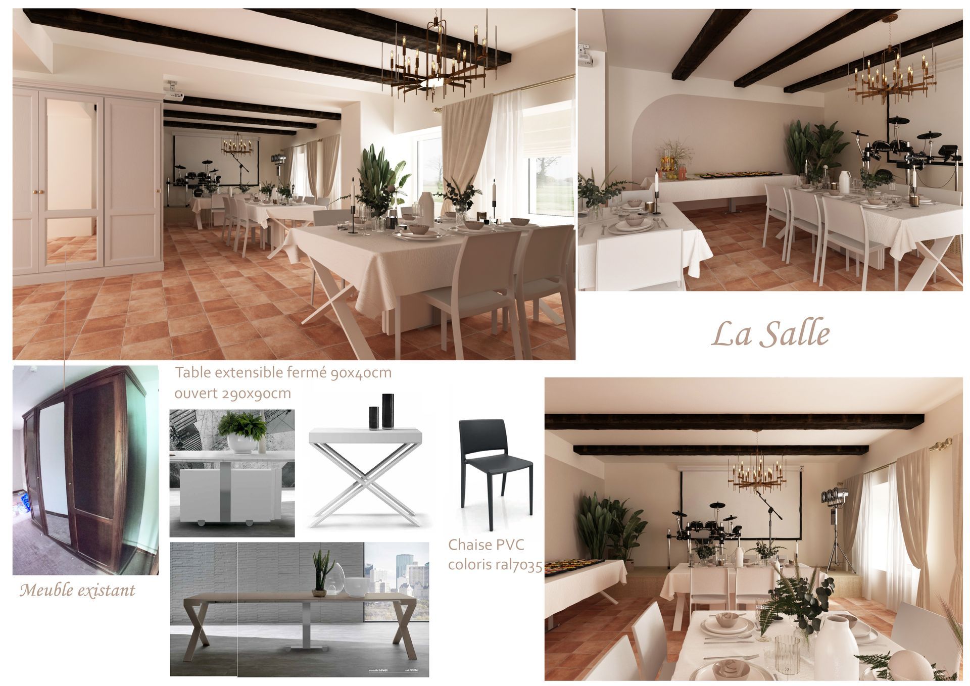 Compilations d'images d'une grande salle à manger avec une table blanche