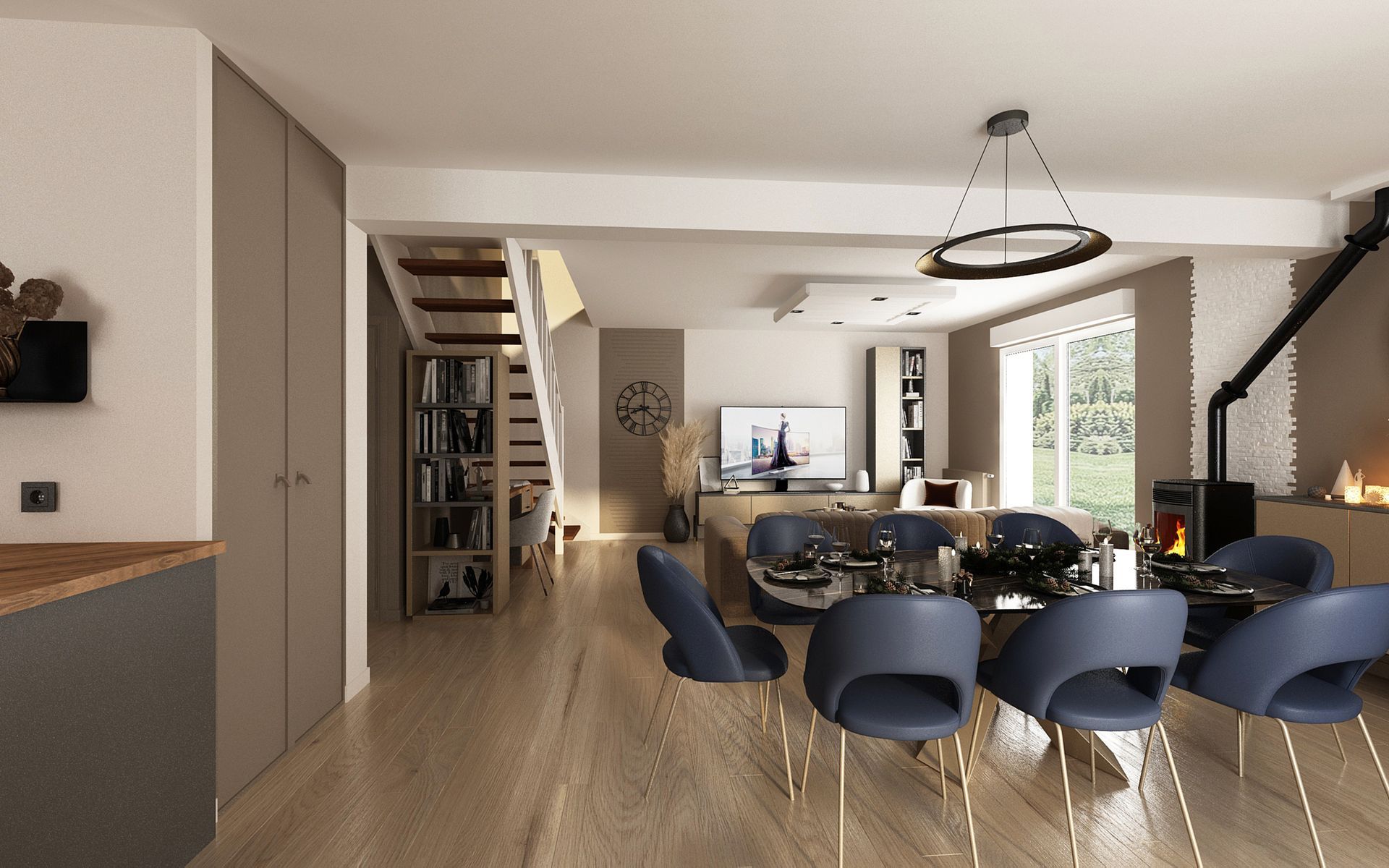 Salle à manger avec une table entourée de chaises bleues et un escalier en bois