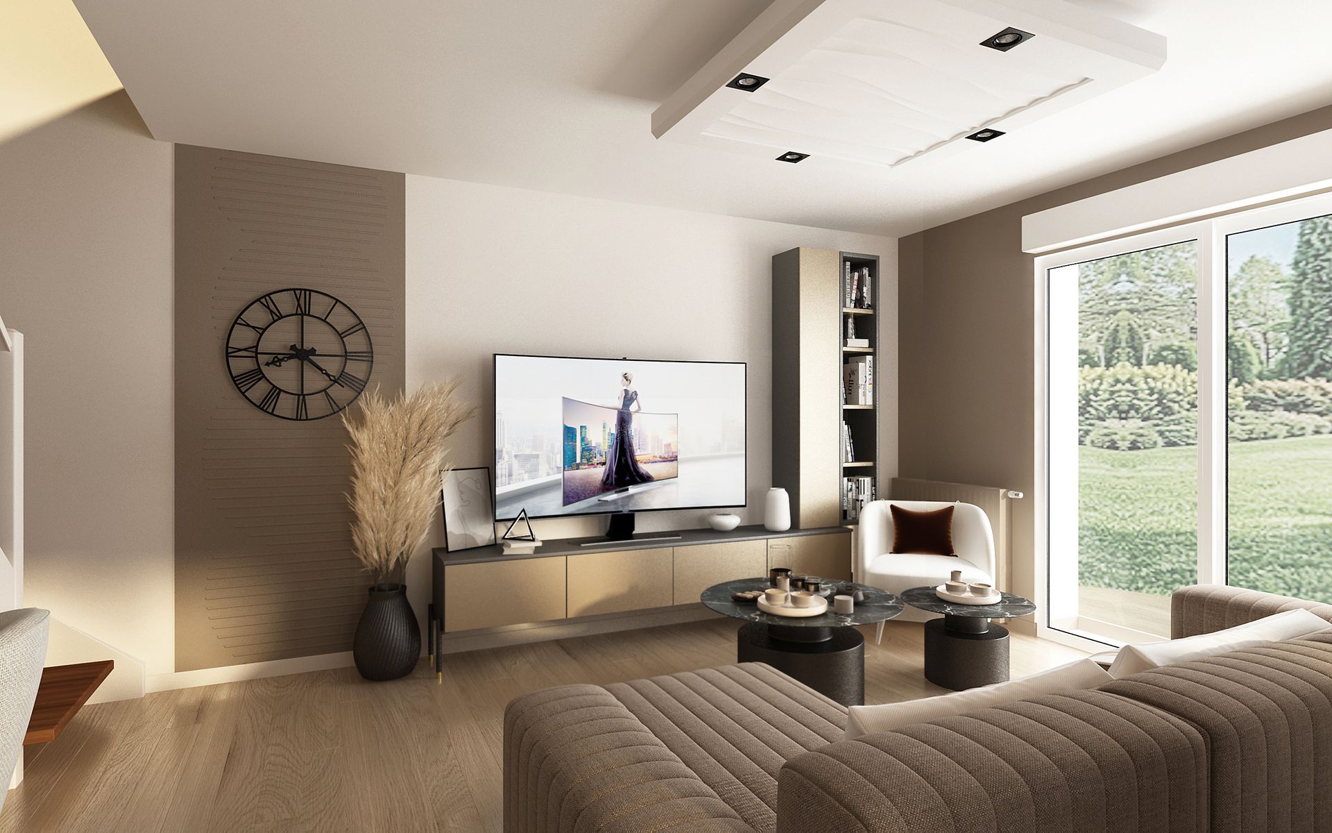 Salon moderne avec un canapé rayé et une TV murale