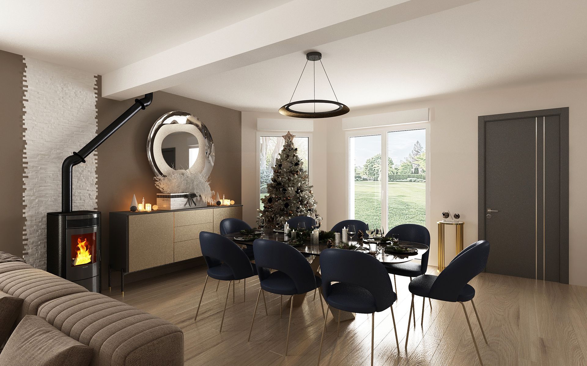 Salon élégant avec un canapé gris, des fauteuils bleus et un miroir rond au-dessus de la cheminée