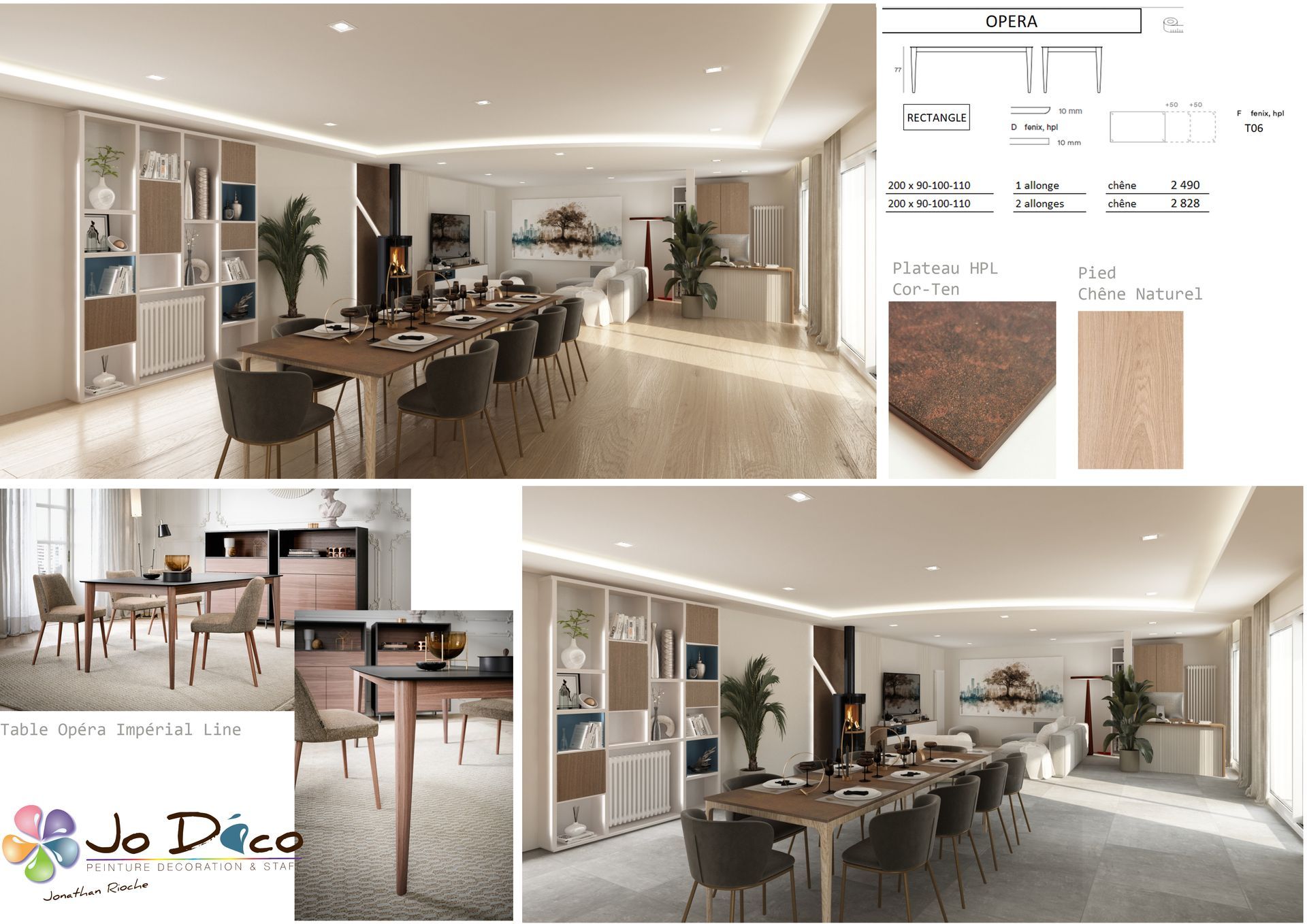 Une salle à manger moderne avec une grande table en bois et des chaises assorties