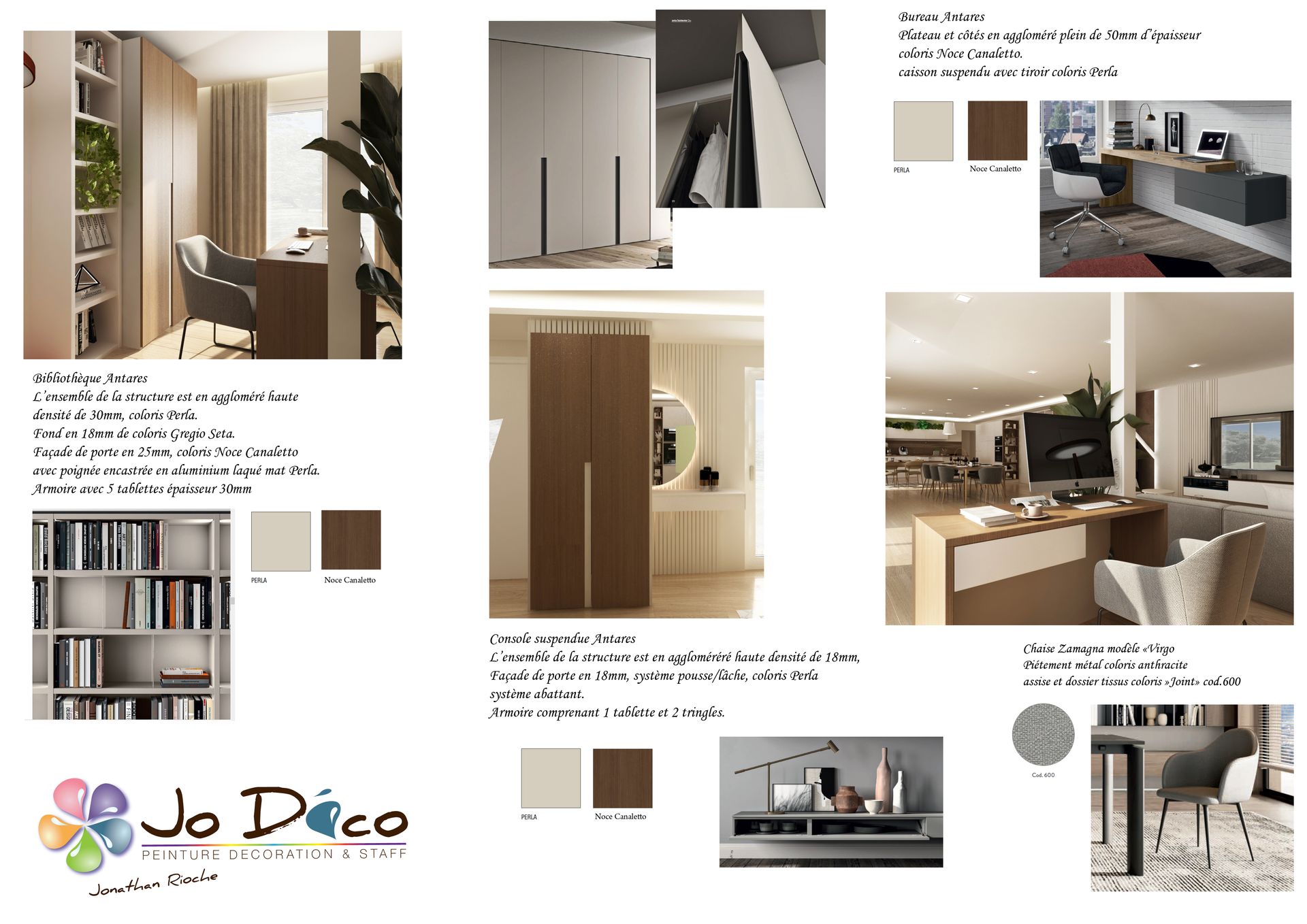 Fiche de projet d’architecture intérieure avec des plans et des matériaux