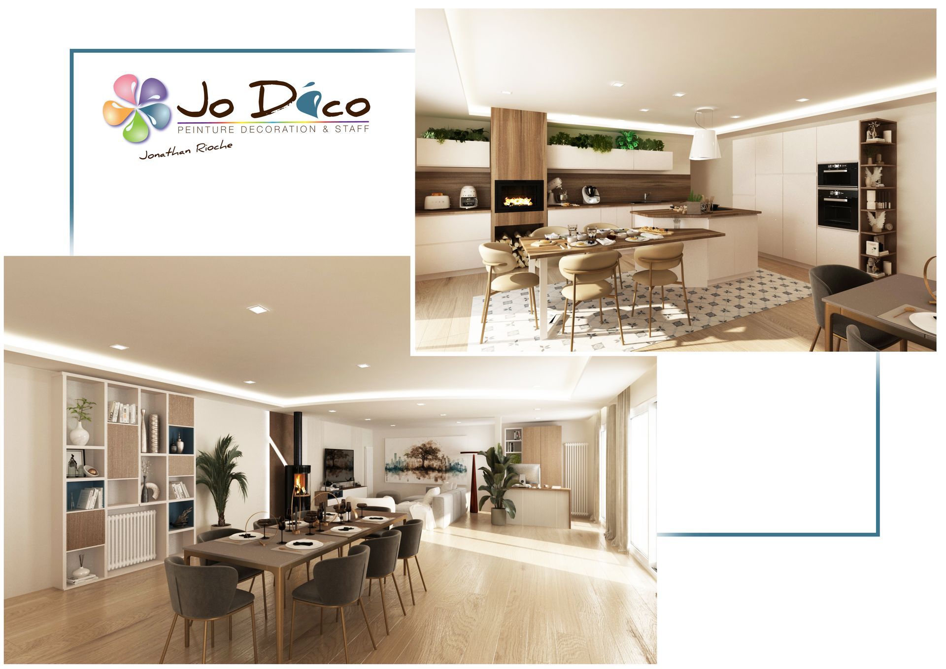 Montage déco avec le logo JO Déco et une salle à manger luxueuse