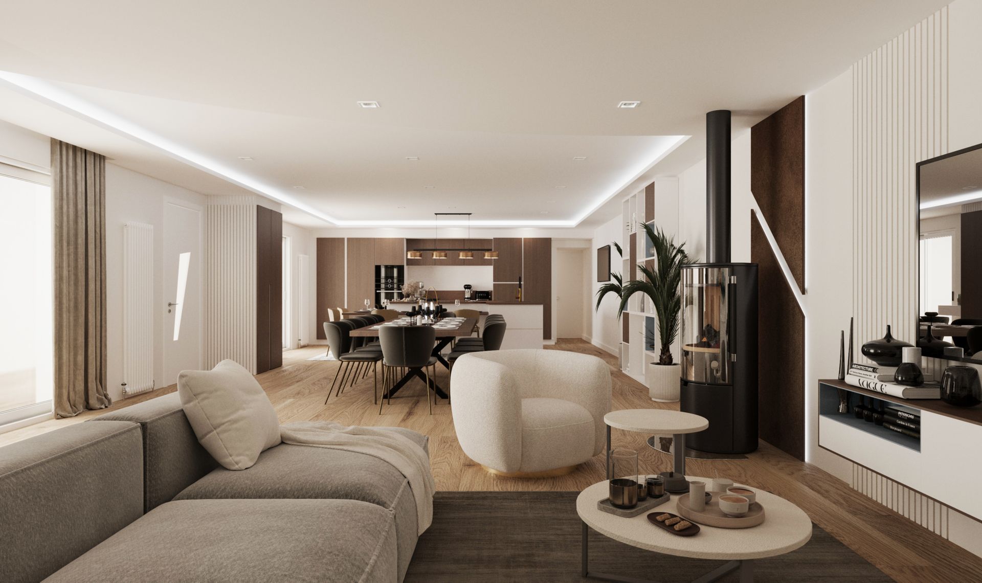 Salon lumineux avec un canapé gris, des fauteuils blancs et une grande fenêtre