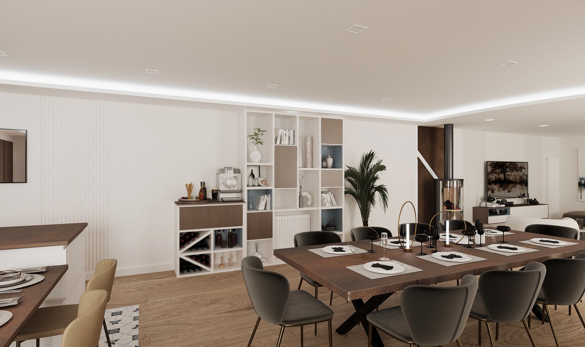 Un salon lumineux avec des canapés en cuir, une table basse en bois et une cheminée moderne