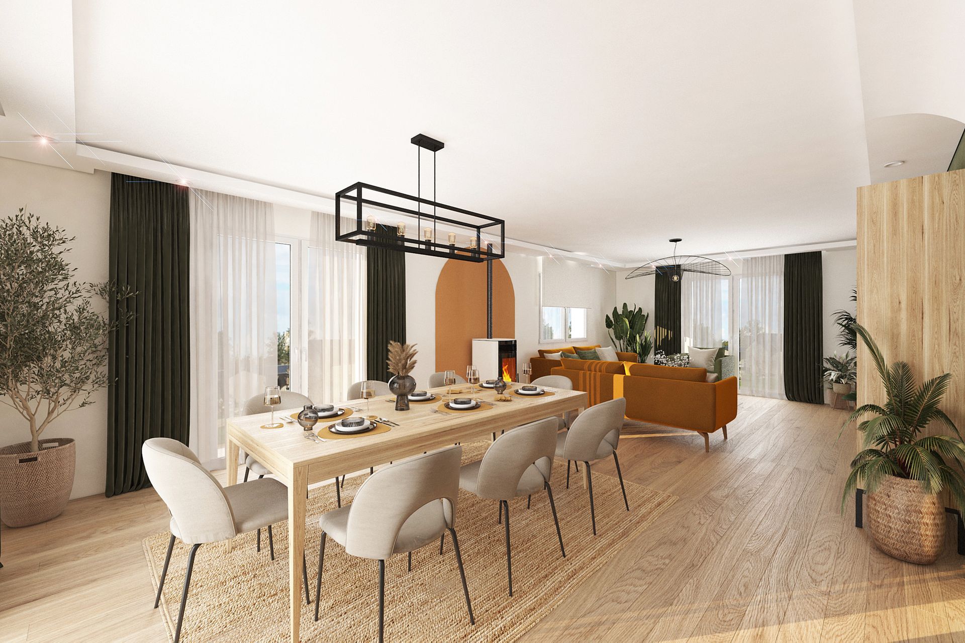 Une salle à manger avec une grande table en bois et des chaises assorties, éclairée par un lustre élégant