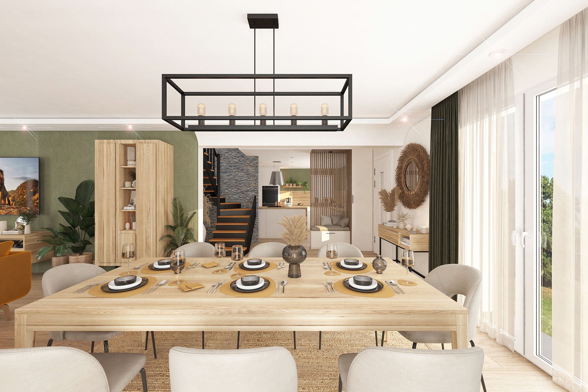Salle à manger avec une table en bois, des chaises blanches et un grand lustre rectangulaire