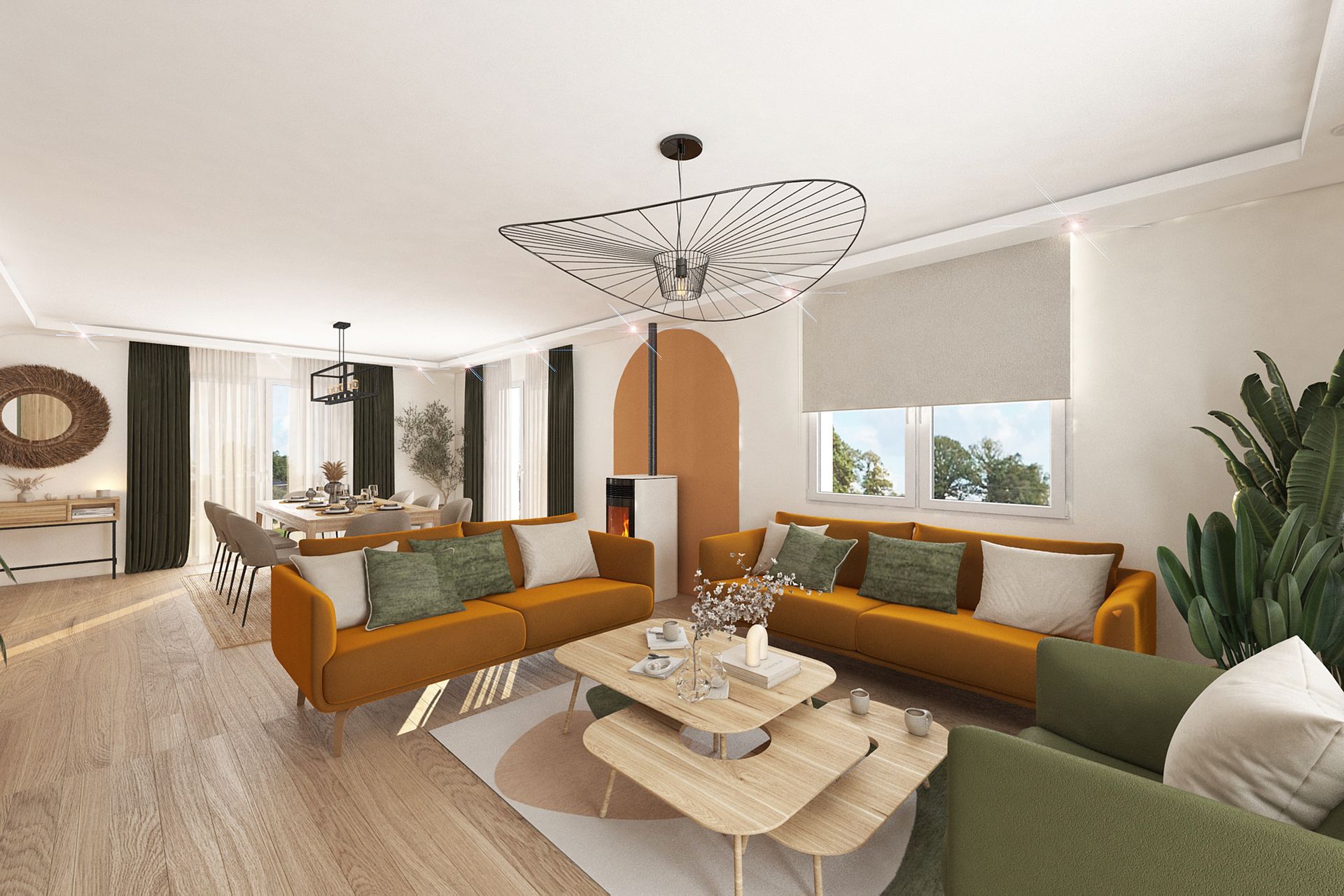 Un coin repas élégant avec une table ronde et des chaises rembourrées, entouré de grandes fenêtres