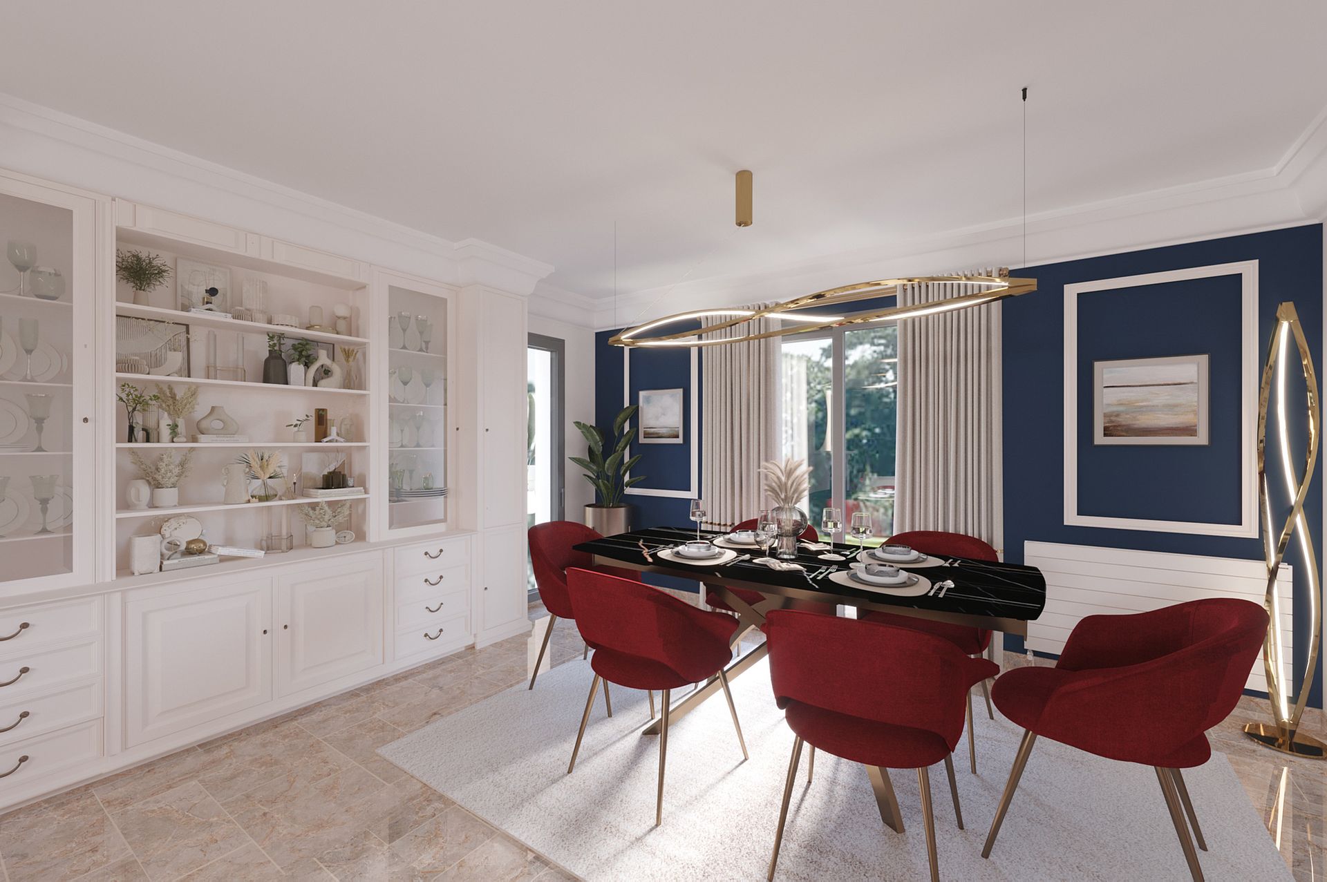 Salon élégant avec un canapé bleu, des fauteuils assortis et une cheminée