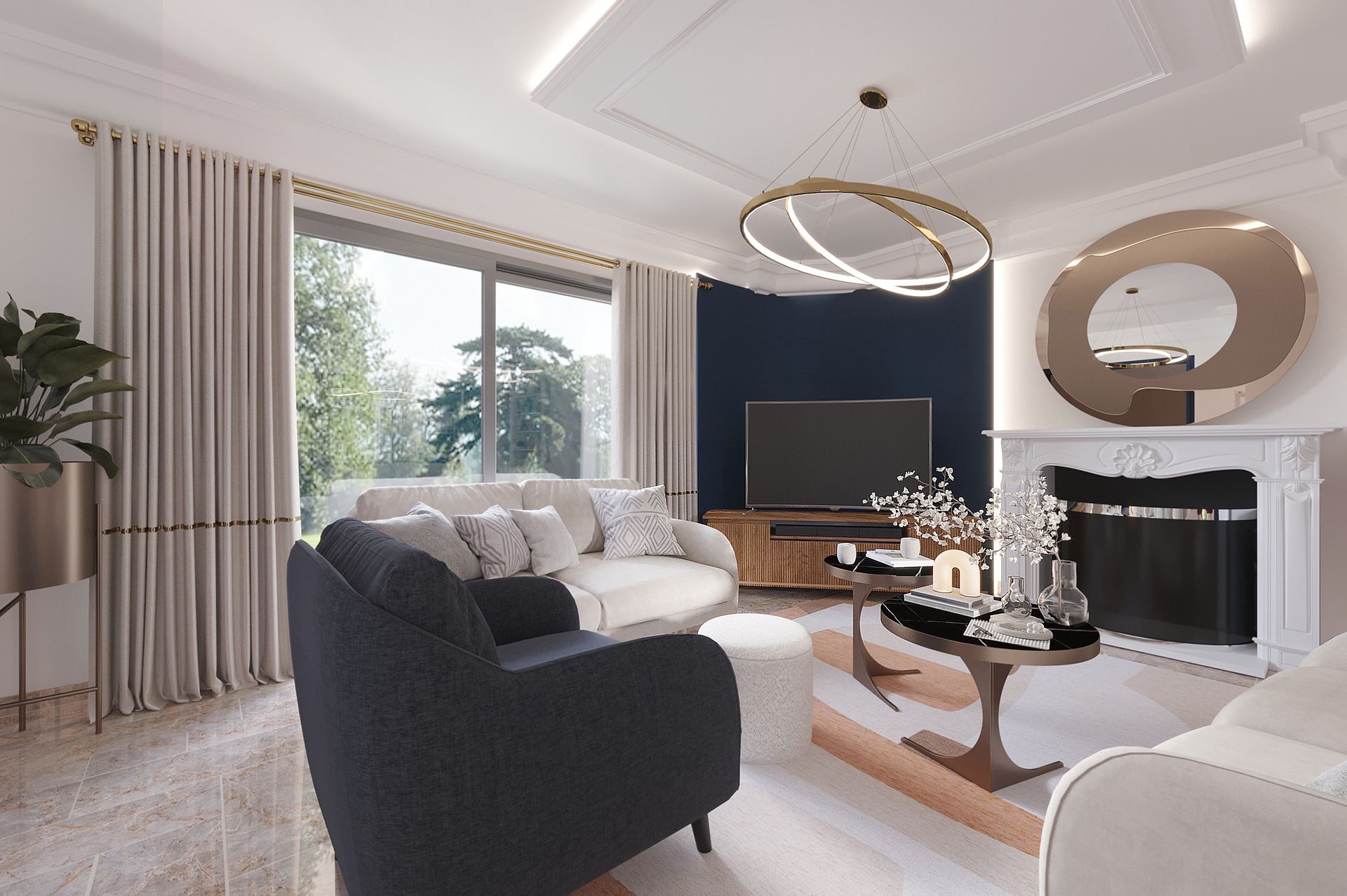 Un salon lumineux avec des canapés, une table basse en bois et une cheminée