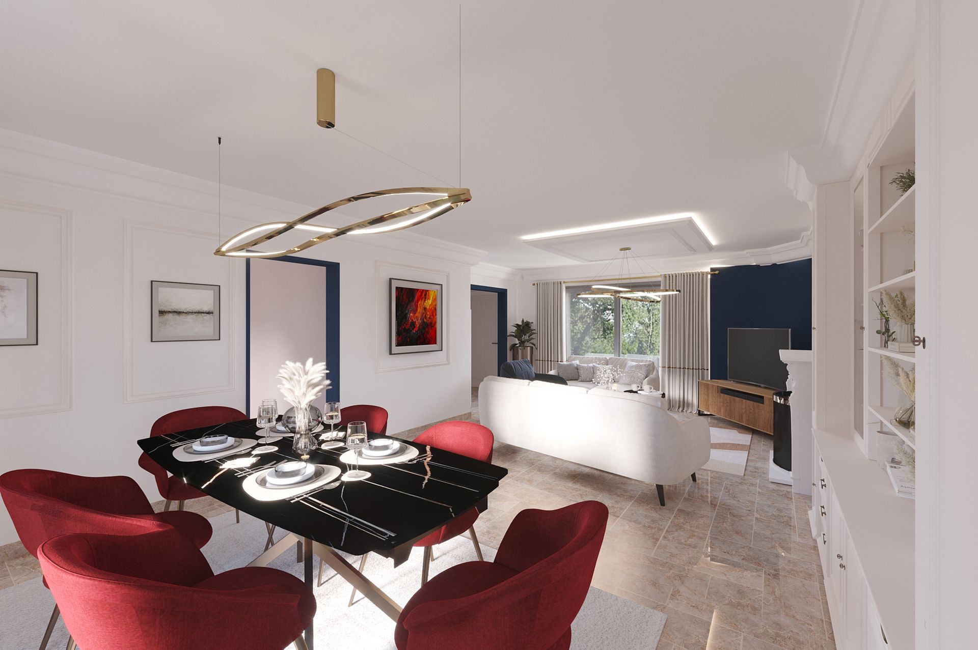 Salle à manger lumineuse avec un espace détente en fond