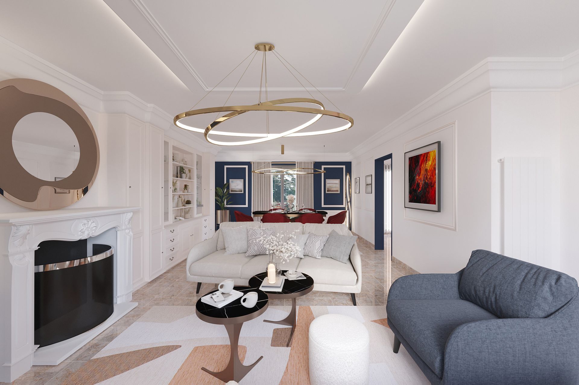 Salon moderne avec un canapé blanc, des fauteuils jaunes et une grande télévision murale