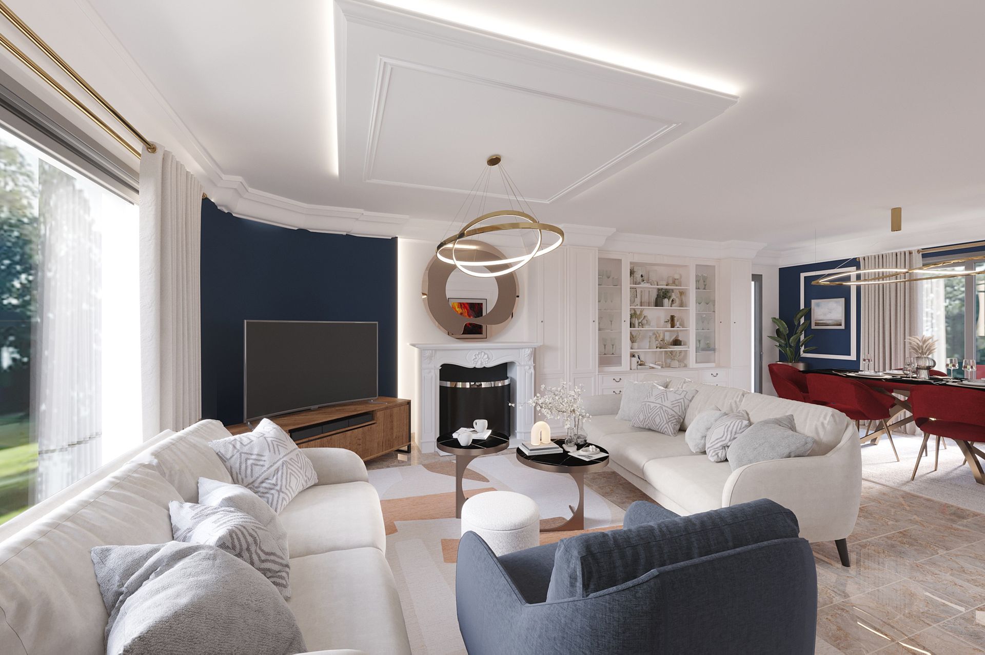 Salon avec deux canapés blancs et un fauteuil gris faisant face à une télévision