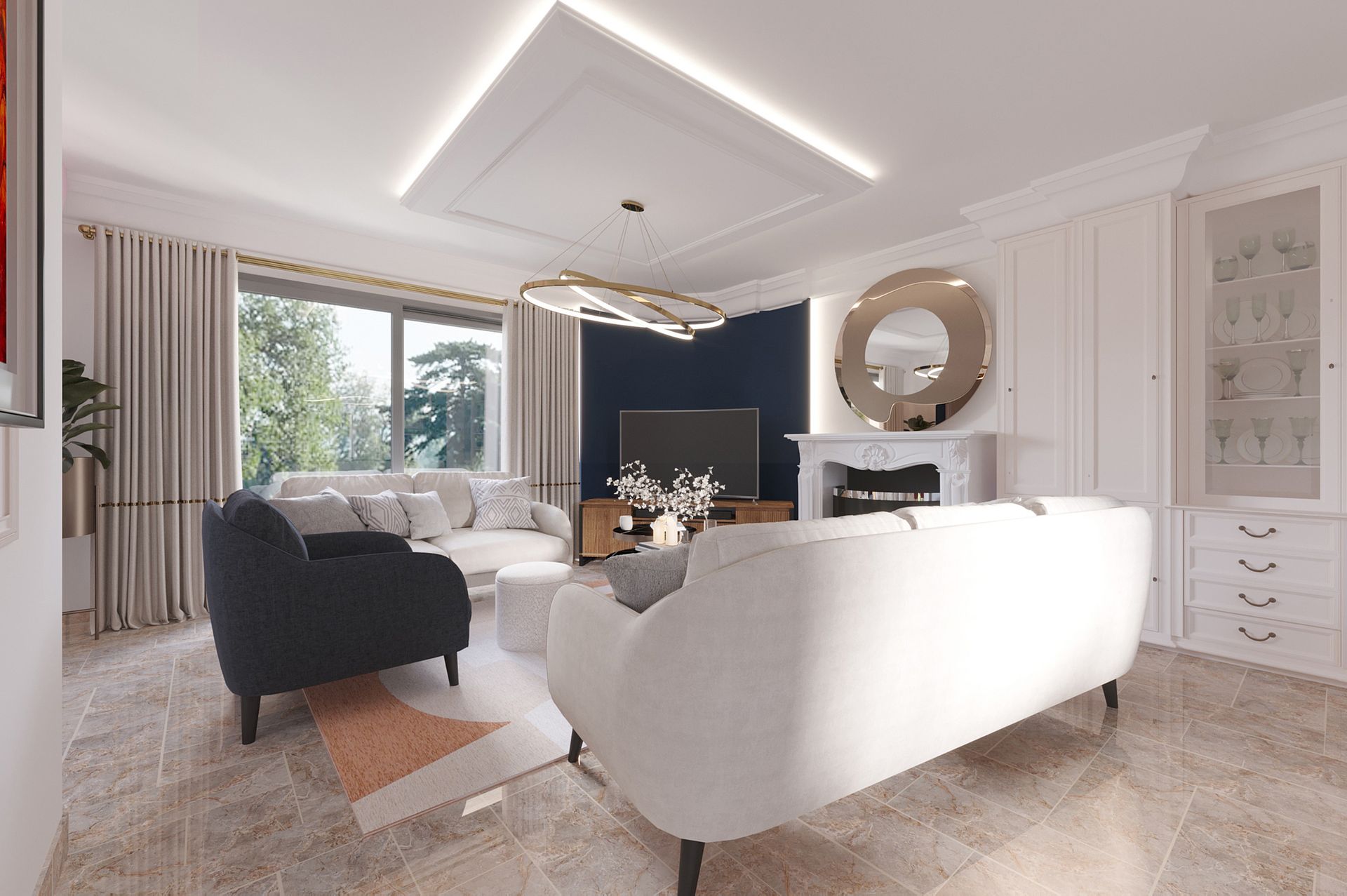 Espace détente avec deux canapés, un blanc et un noir