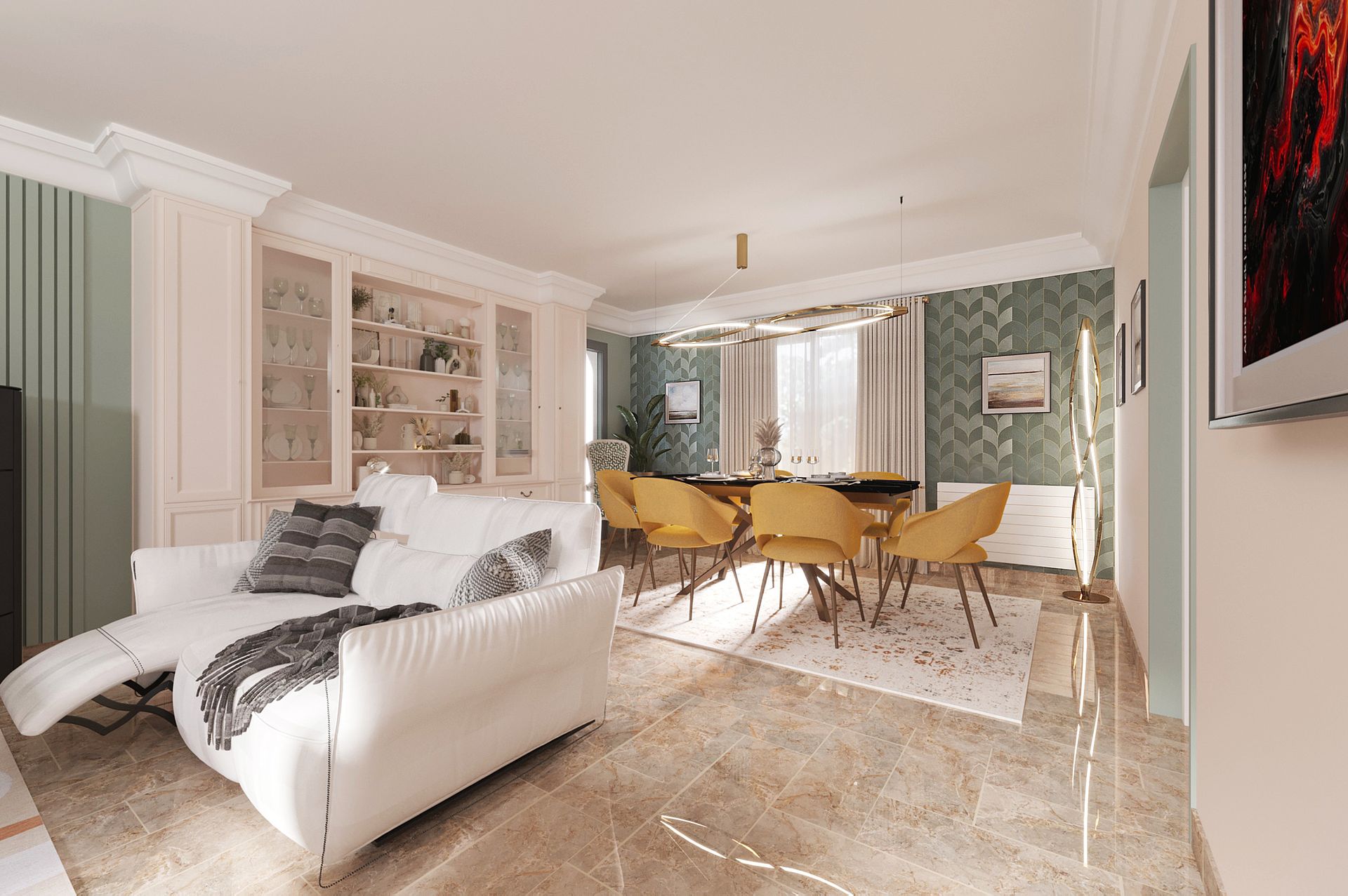 Salon spacieux avec un canapé blanc, des fauteuils assortis et une grande fenêtre
