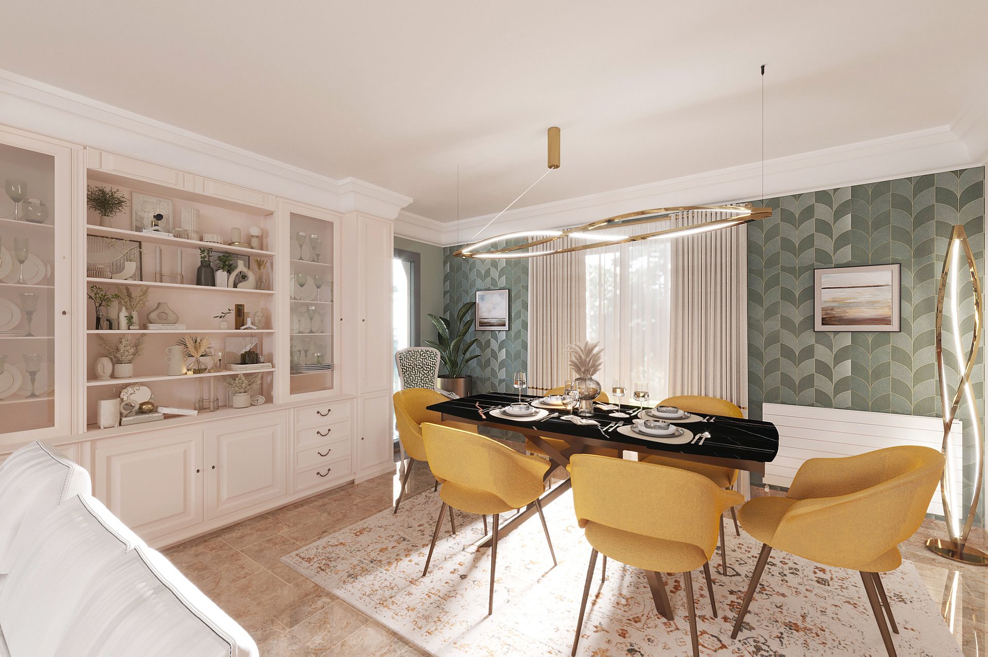 Salle à manger avec des chaises jaunes et une table noire