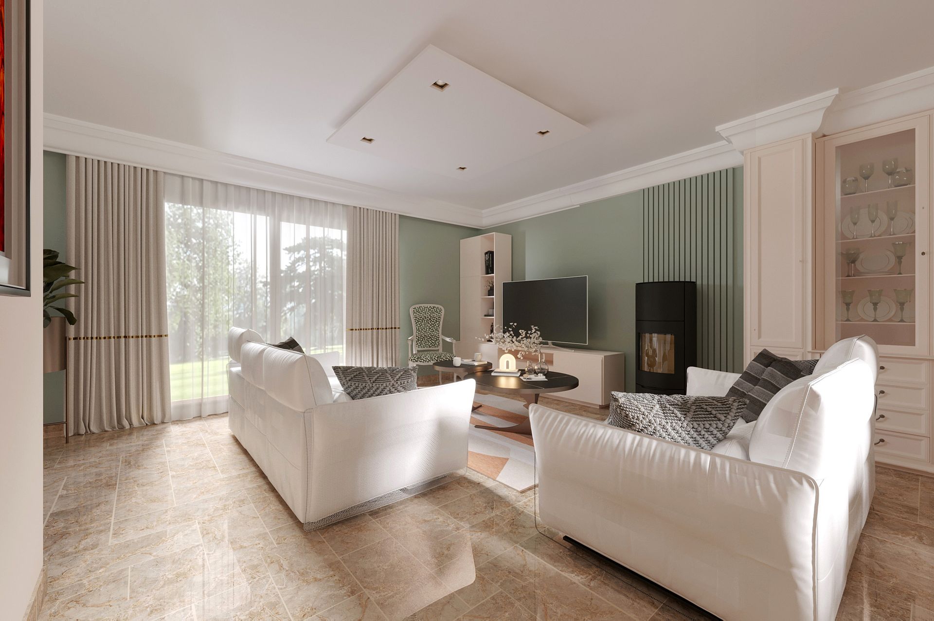 n salon spacieux avec des canapés confortables, une table basse et une télévision murale, décoré avec des plantes vertes