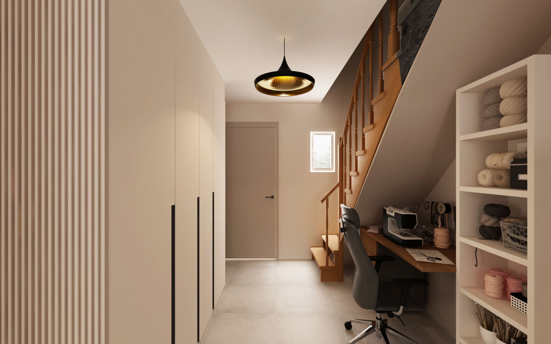 Entrée de maison minimaliste avec escalier en bois