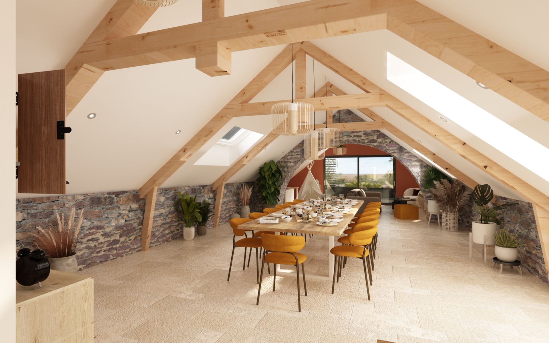 Salle à manger sous un toit en pente avec des poutres apparentes et une grande table en bois