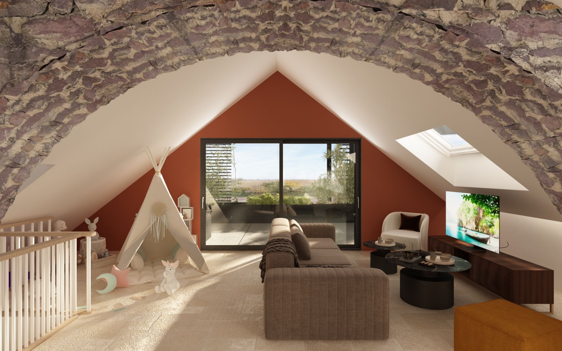 Salon sous un toit en pente avec des murs en pierre apparente et un canapé confortable