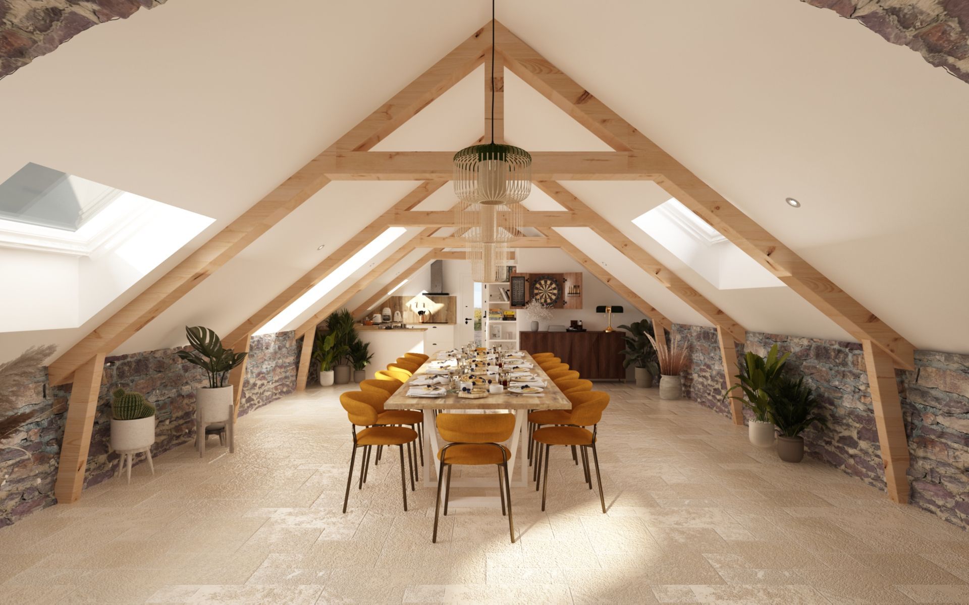 Espace de vie sous les combles avec une salle à manger et des chaises assorties