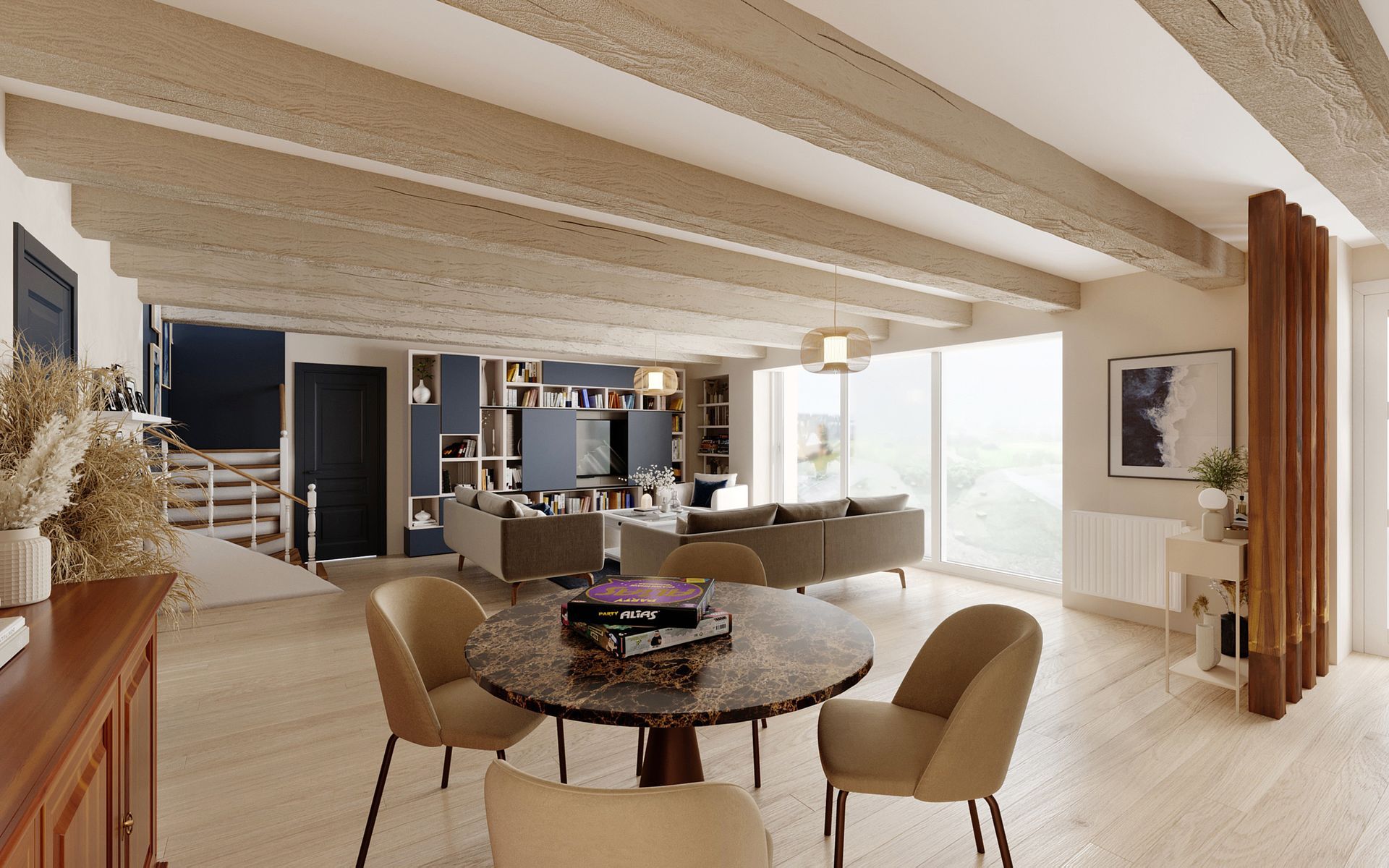 Coin repas intégré dans un salon ouvert