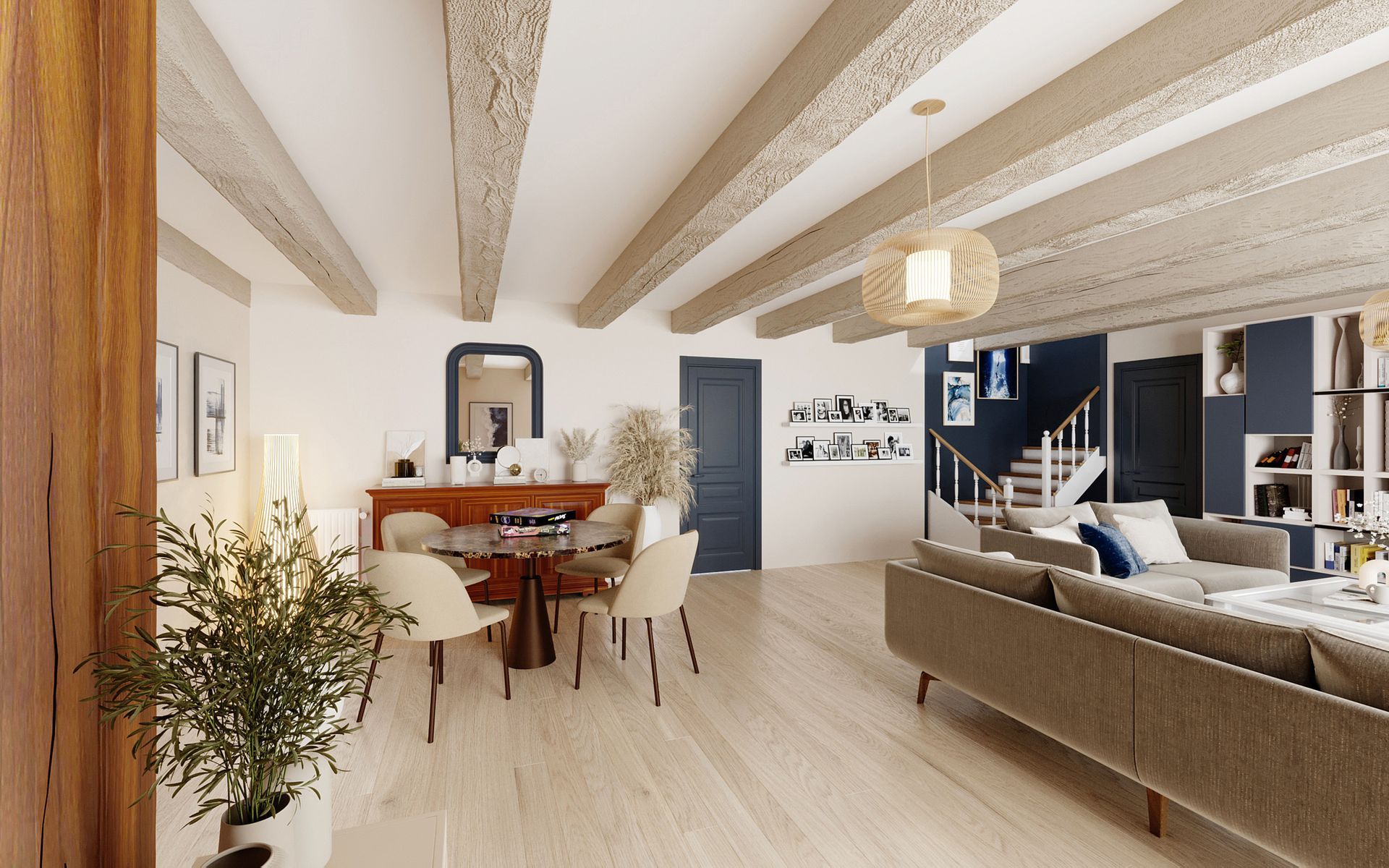 Salon moderne avec poutres apparentes en bois clair