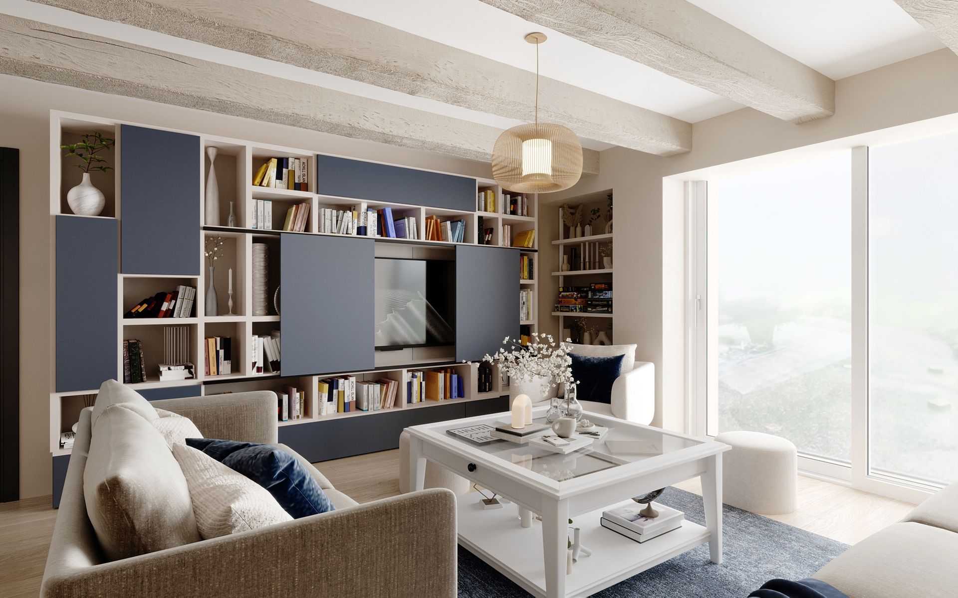 Grand salon lumineux avec bibliothèque murale bleue