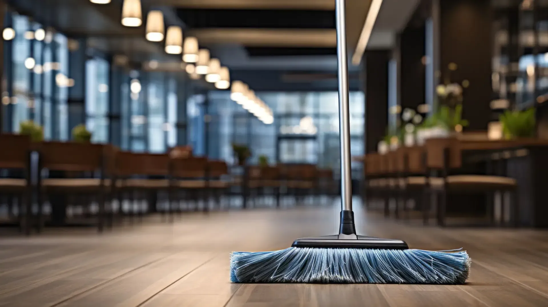 Escoba sobre suelo de madera en un restaurante, reflejando la suave iluminación superior.
