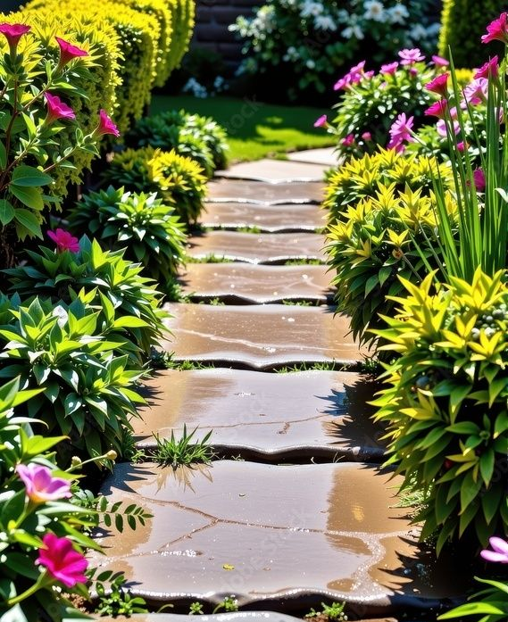 Un chemin de pierre serpente à travers un jardin aux buissons d'un vert et d'un jaune éclatants, aux fleurs roses, sous un ciel bleu.