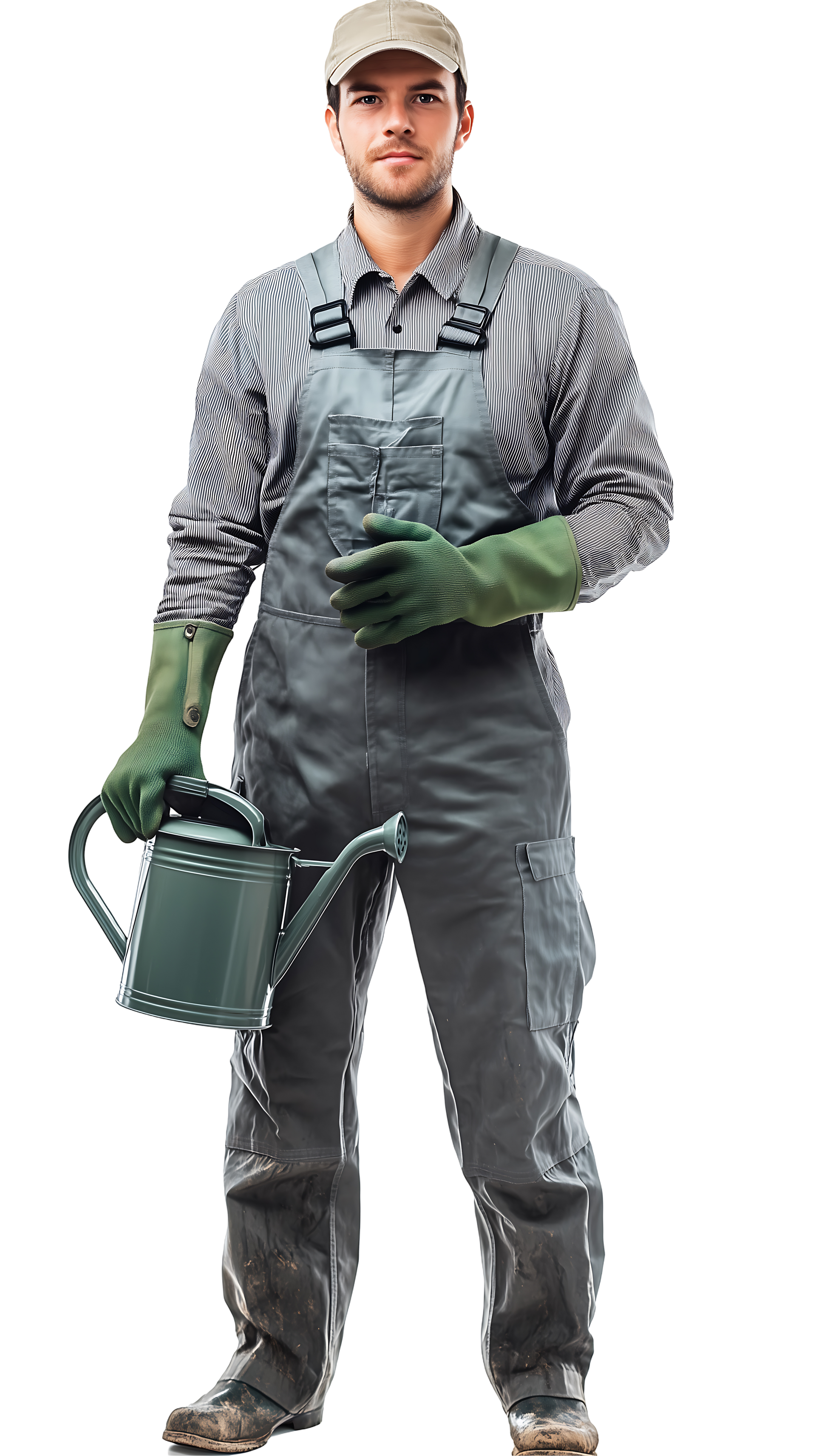 Jardinier en salopette tenant un arrosoir vert et portant des gants, à l'extérieur.