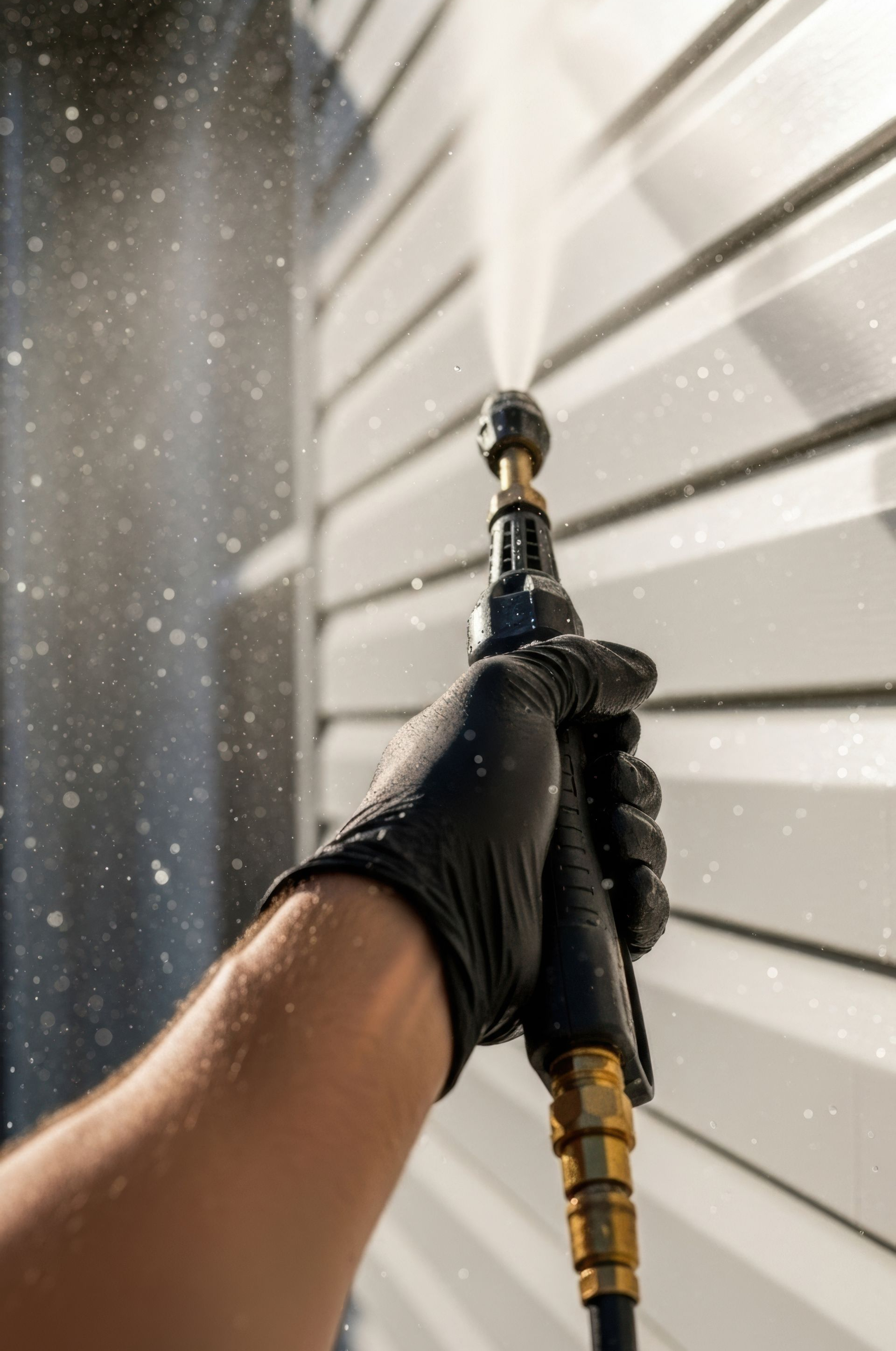 Une personne portant un gant noir nettoie à haute pression un revêtement blanc avec un jet d'eau.