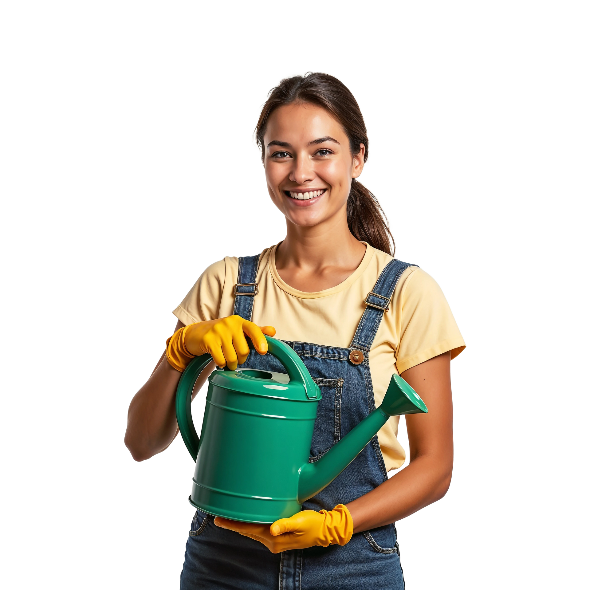Une femme en salopette tient un arrosoir vert et sourit en portant des gants jaunes.
