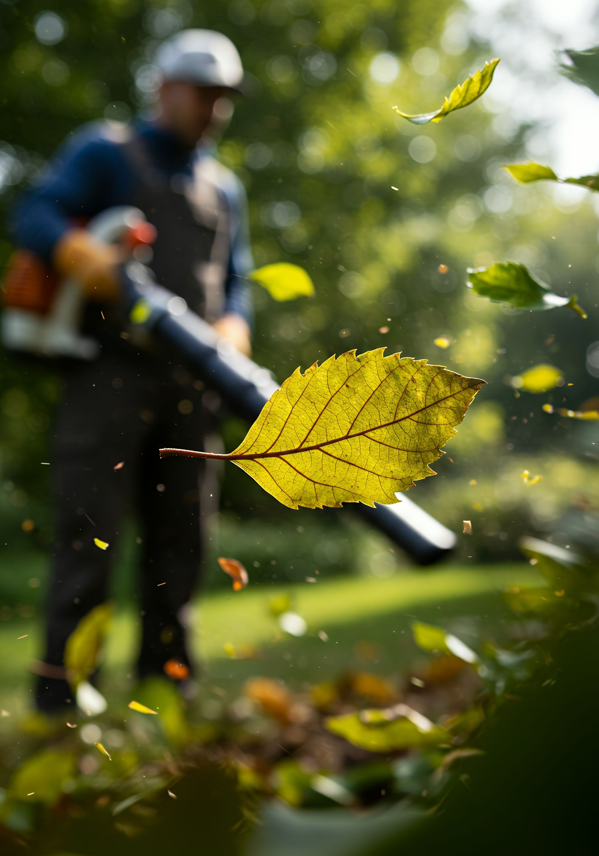 Une personne utilise un souffleur de feuilles pour souffler des feuilles sur une pelouse dans un jardin ; des feuilles jaunes sont mises au point.
