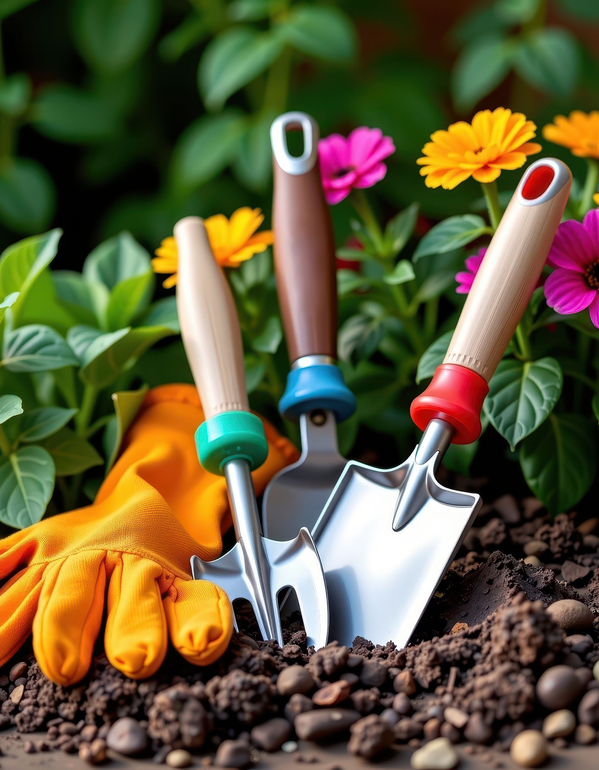 Outils de jardinage dans la terre, avec des gants orange et des fleurs colorées en arrière-plan.