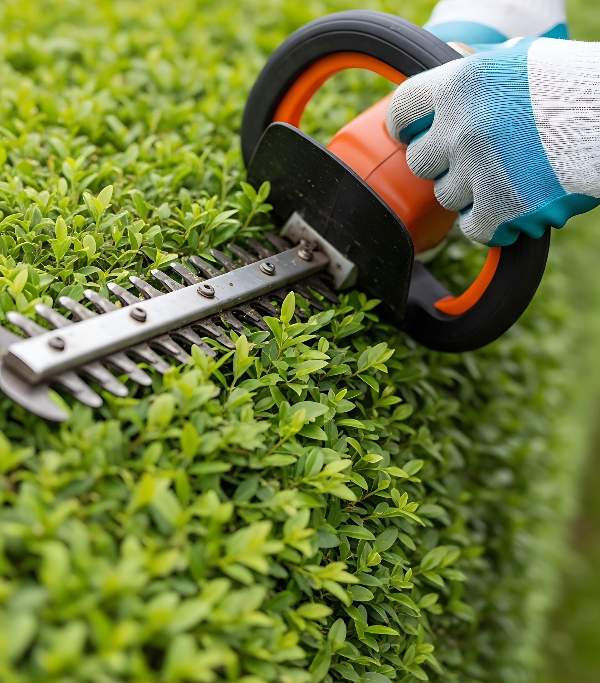 Taille-haie coupant une haie verte et feuillue 