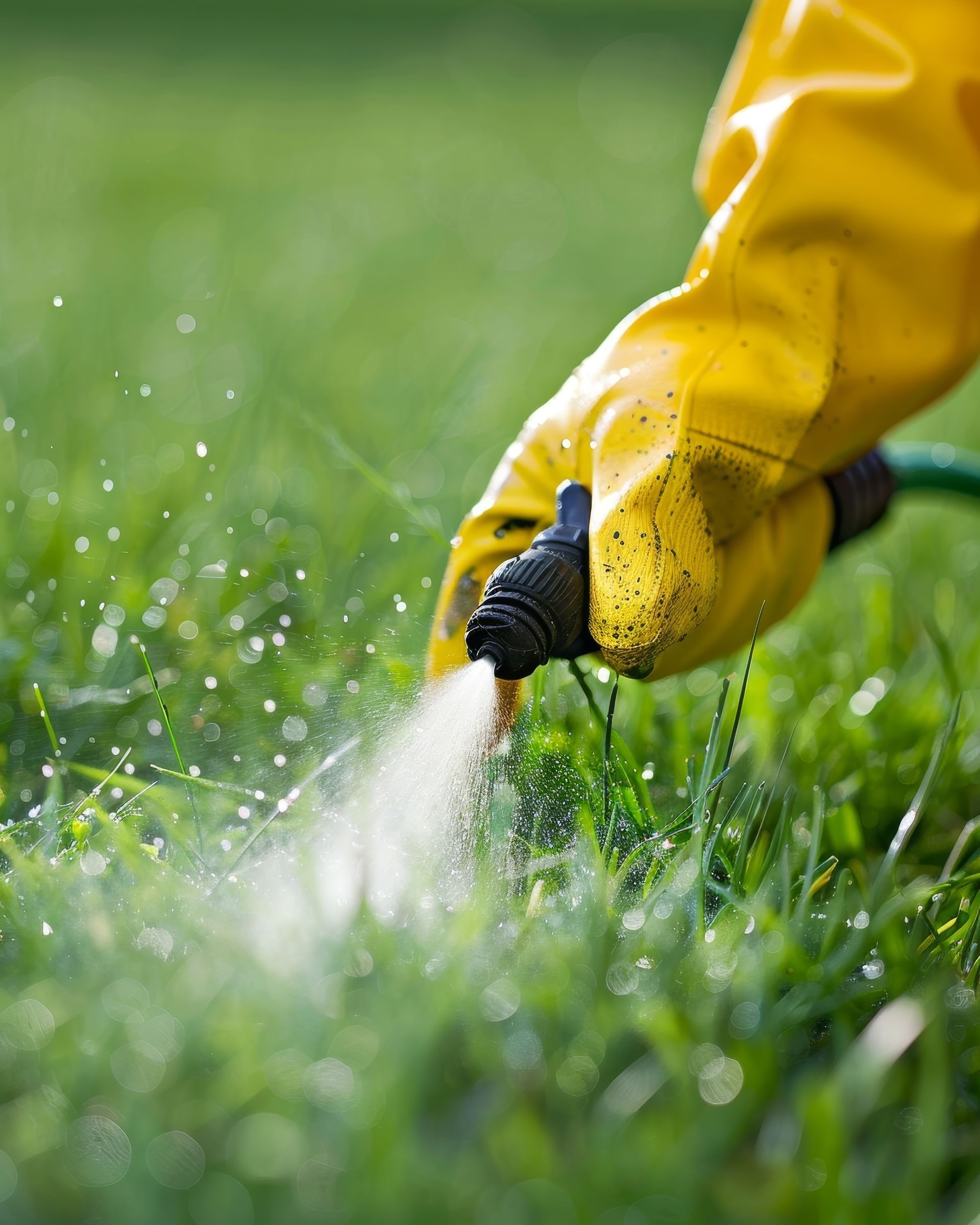 Une personne portant un gant jaune arrose la pelouse.