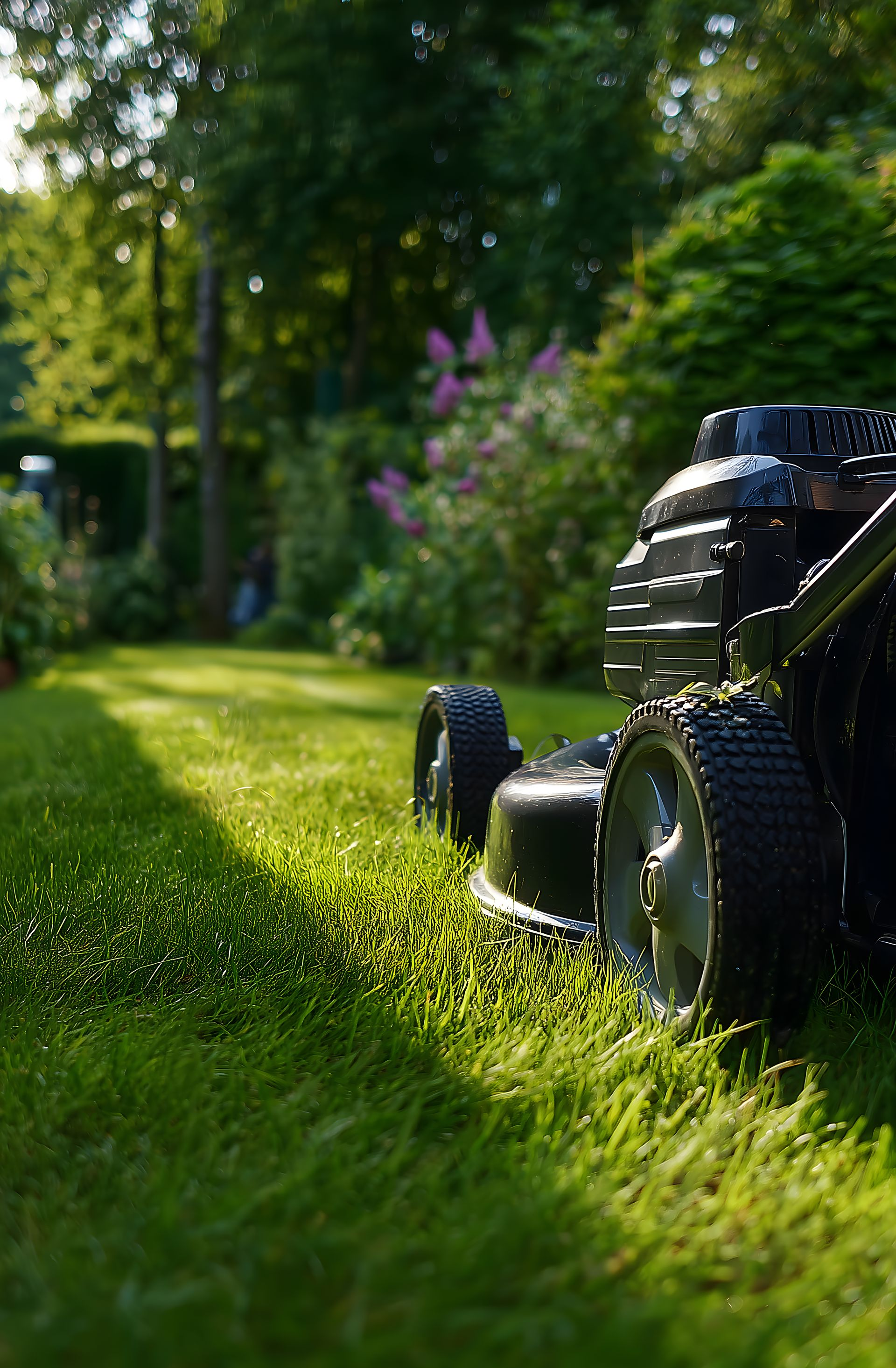 Tondeuse à gazon coupant l'herbe dans un jardin ensoleillé, pelouse verte, arbres et arbustes en arrière-plan.